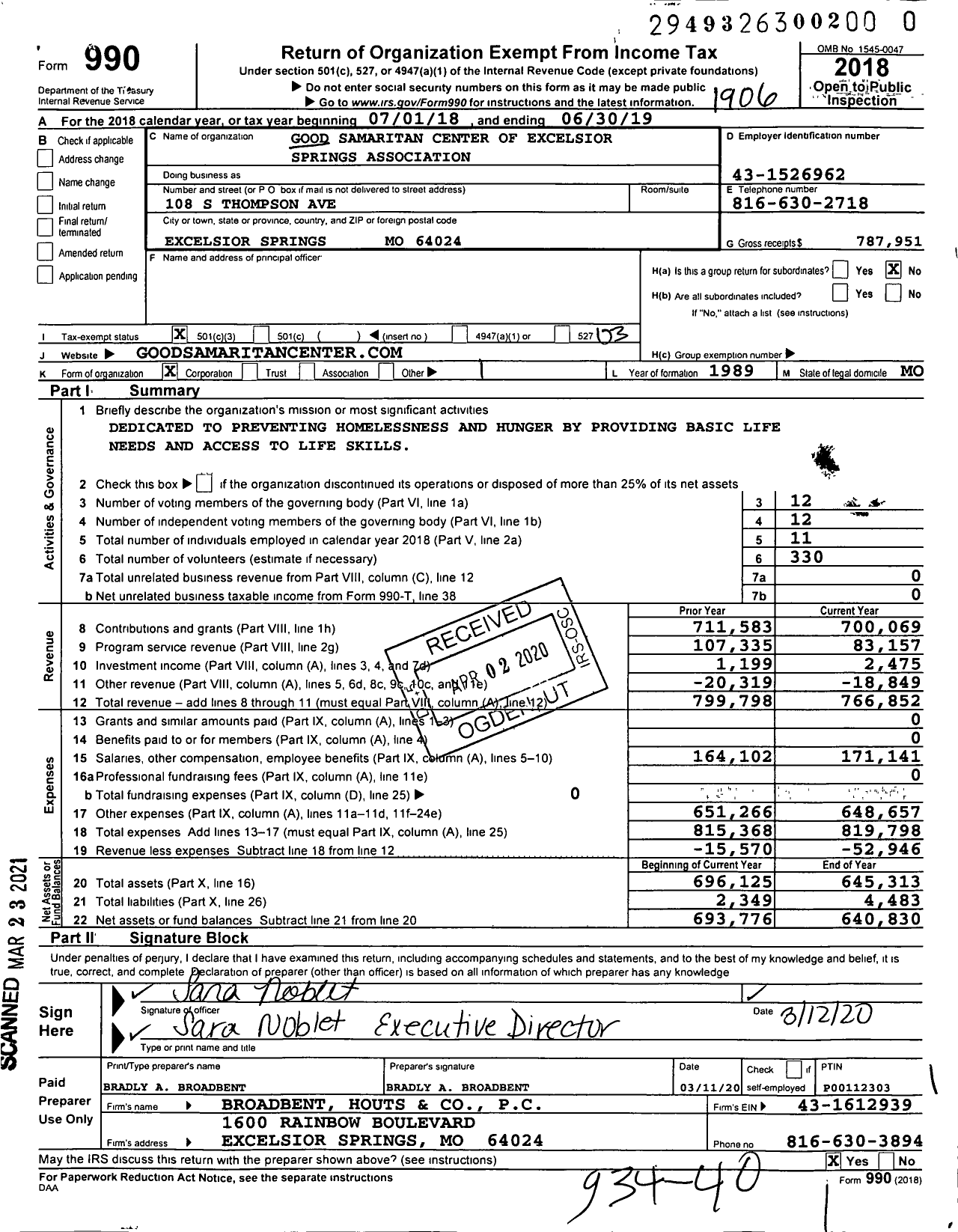 Image of first page of 2018 Form 990 for Good Samaritan Center of Excelsior Springs Association