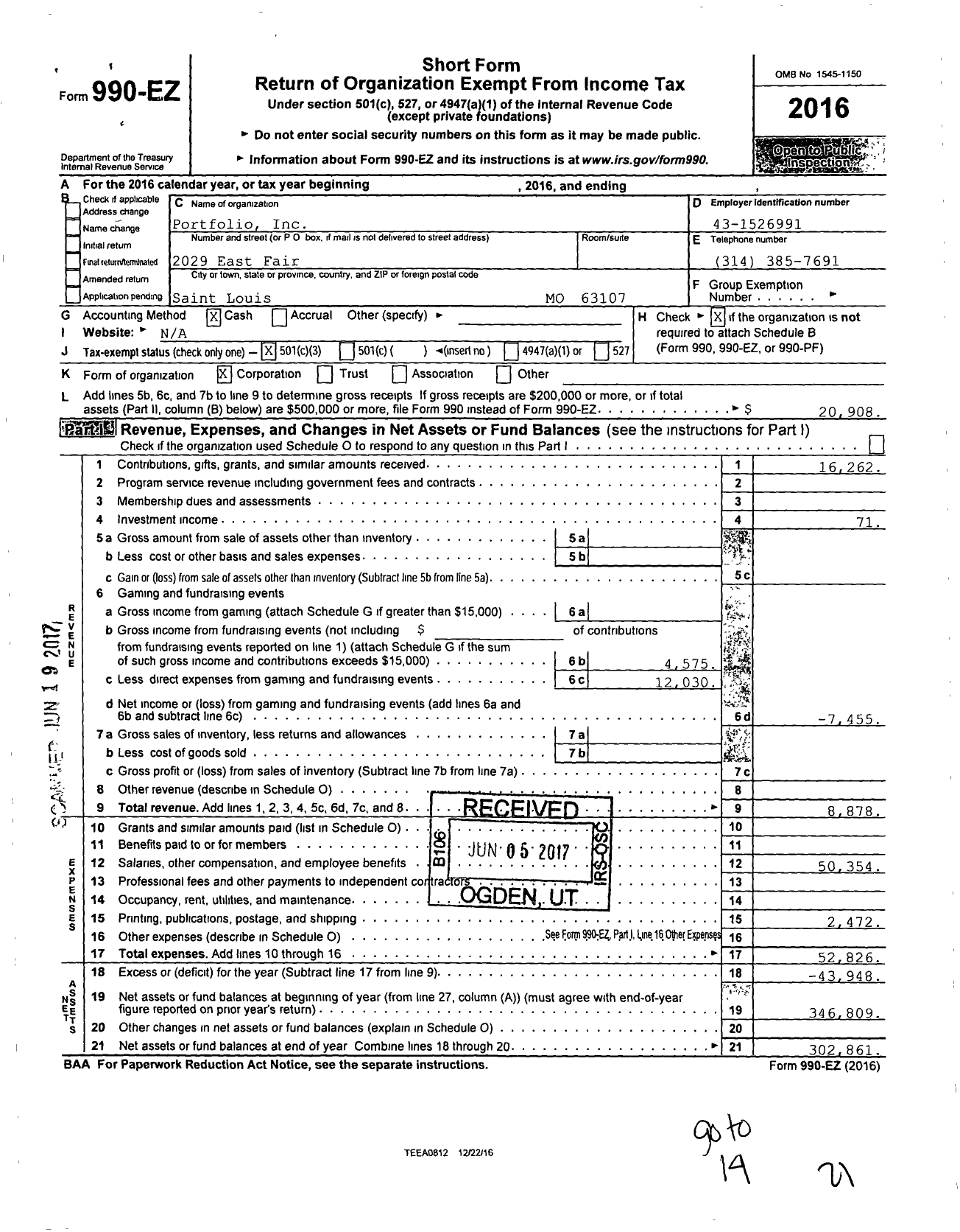 Image of first page of 2016 Form 990EZ for Portfolio