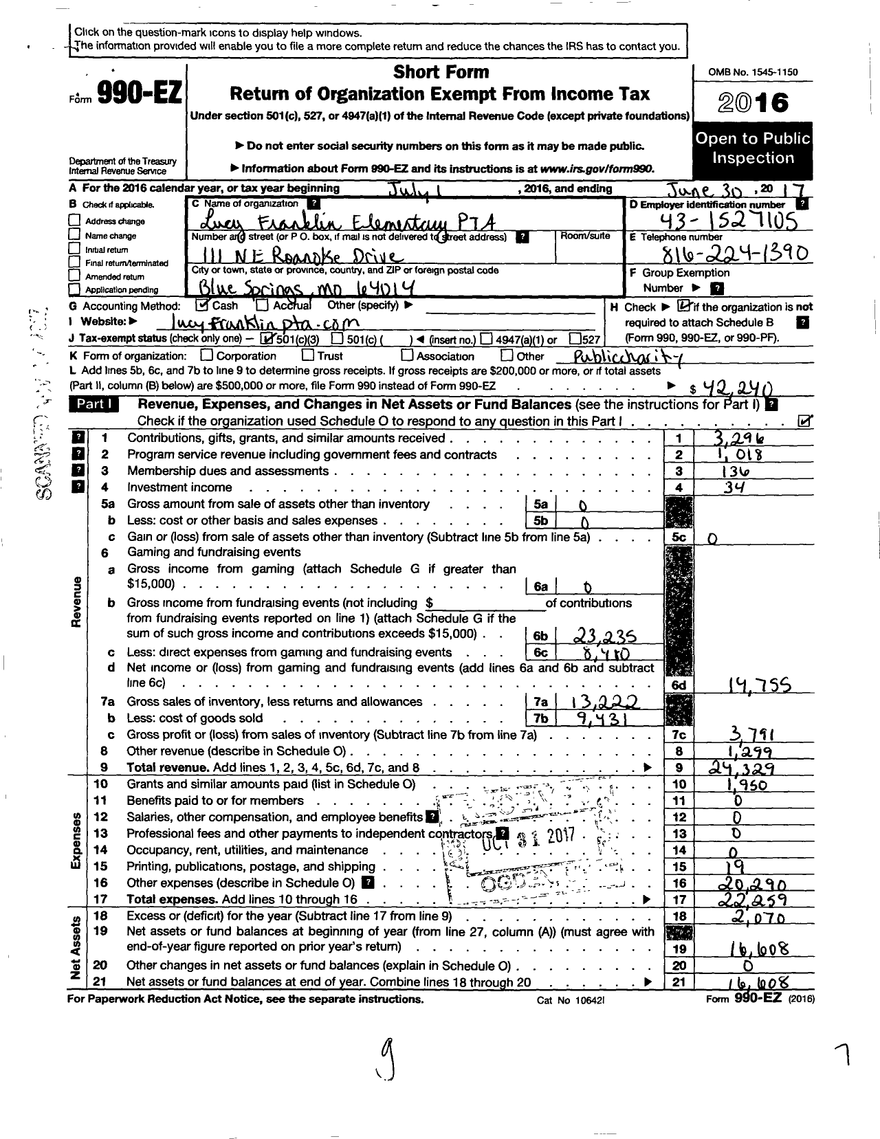 Image of first page of 2016 Form 990EZ for PTA Missouri Congress / Lucy Franklin Elementary PTA