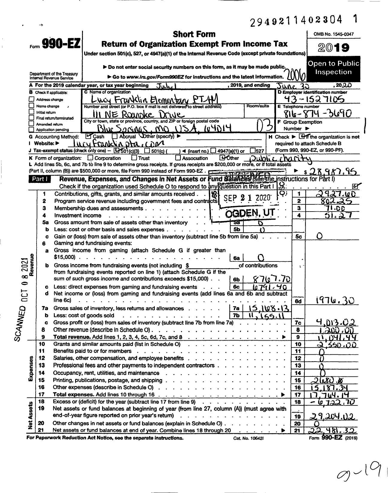 Image of first page of 2019 Form 990EZ for PTA Missouri Congress / Lucy Franklin Elementary PTA