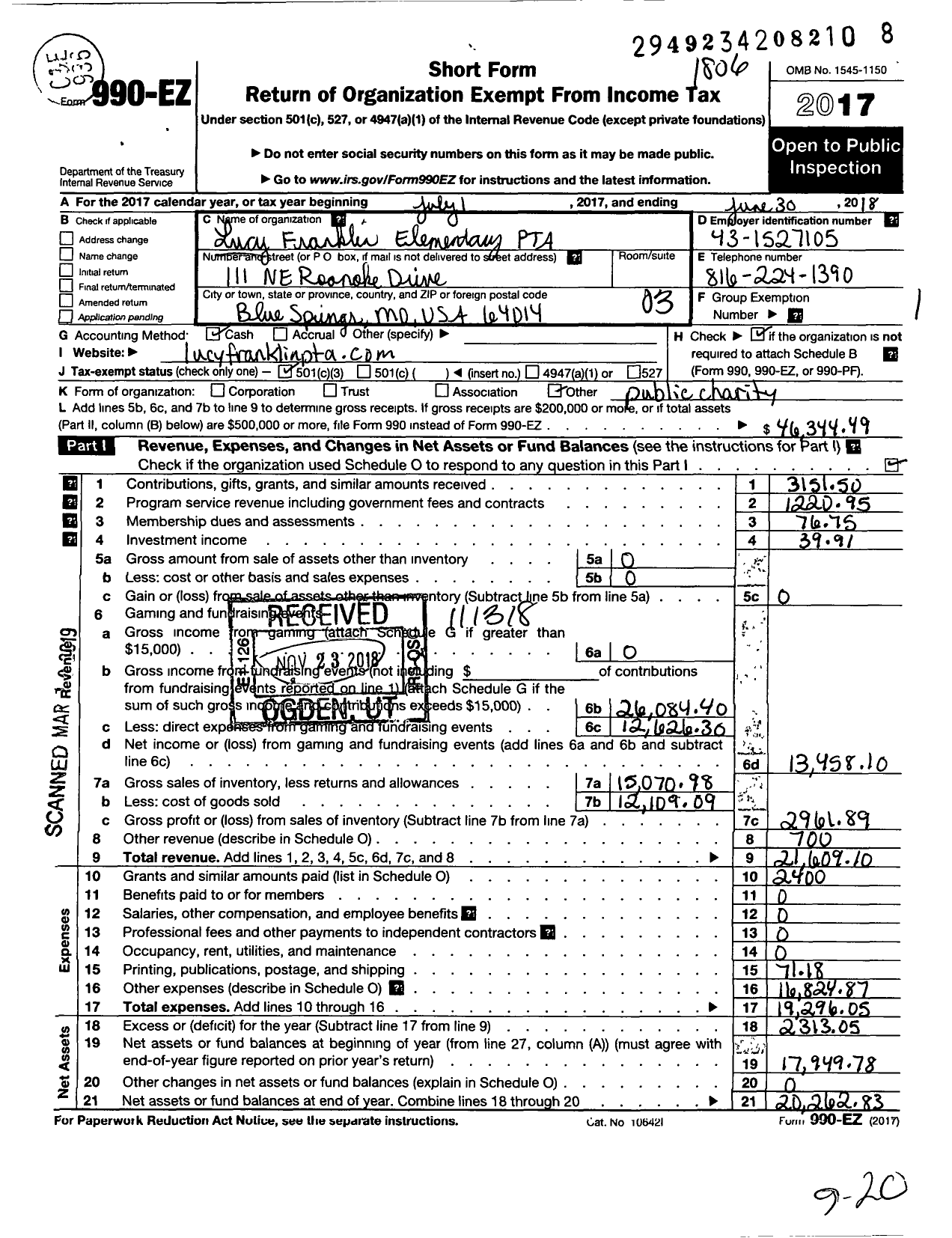 Image of first page of 2017 Form 990EZ for PTA Missouri Congress / Lucy Franklin Elementary PTA