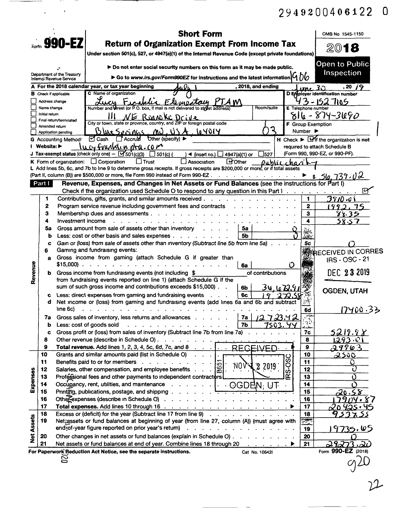 Image of first page of 2018 Form 990EZ for PTA Missouri Congress / Lucy Franklin Elementary PTA