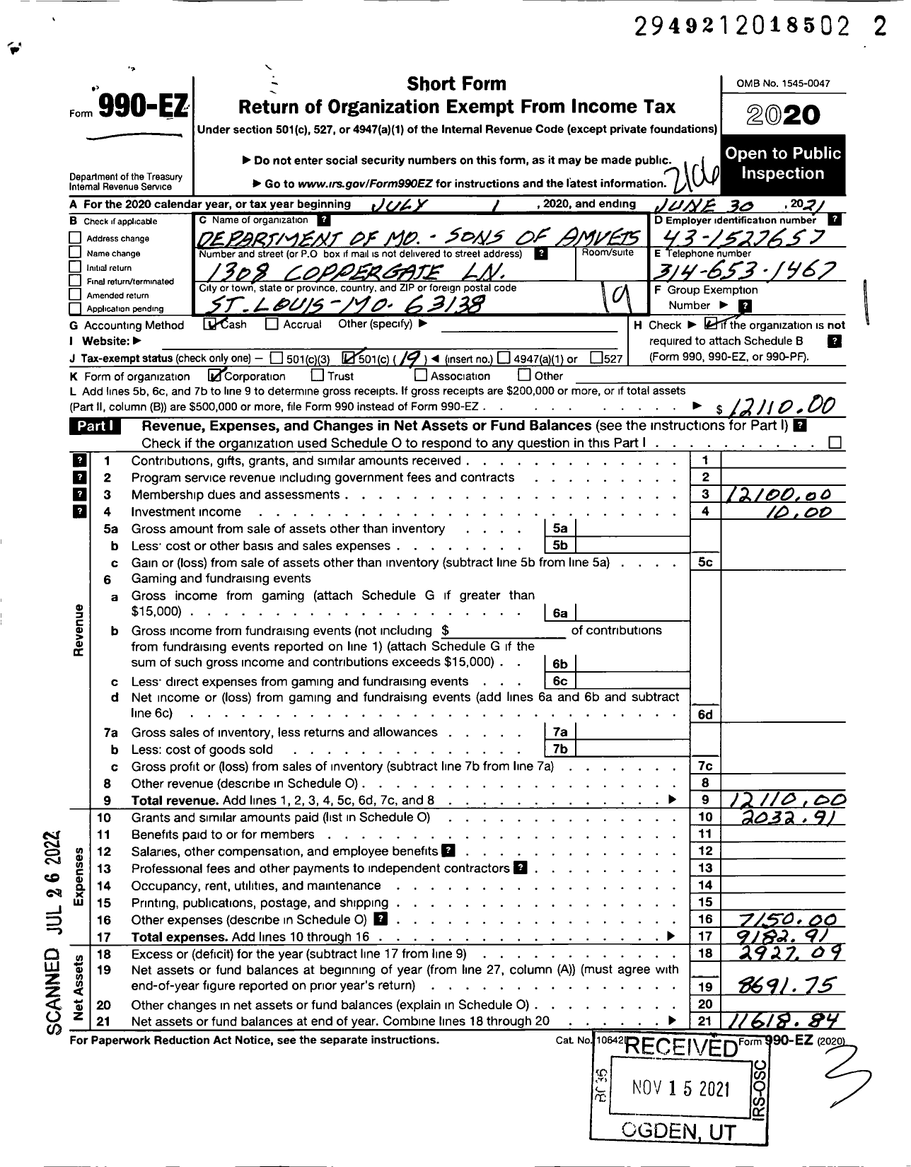 Image of first page of 2020 Form 990EO for Amvets - Department of Mo Sons of Amvets