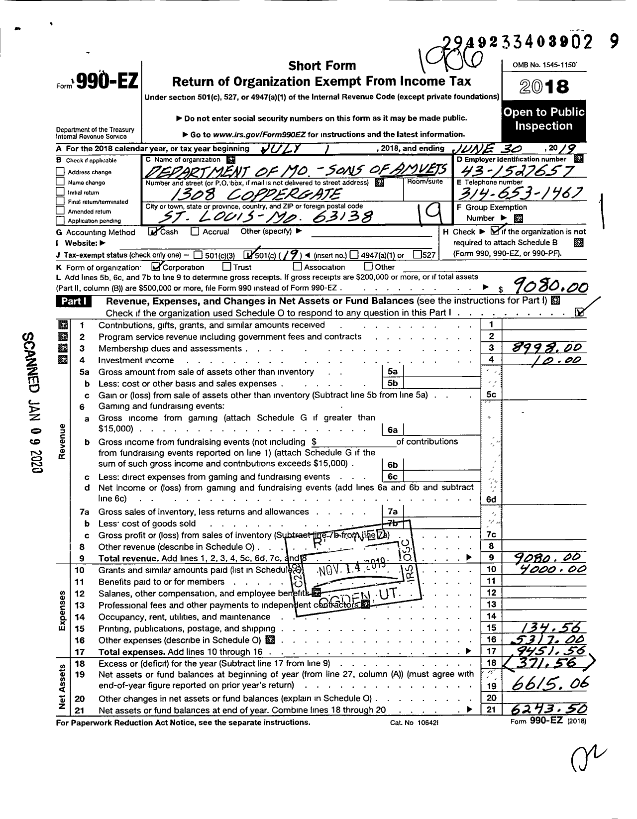 Image of first page of 2018 Form 990EO for Amvets - Department of Mo Sons of Amvets