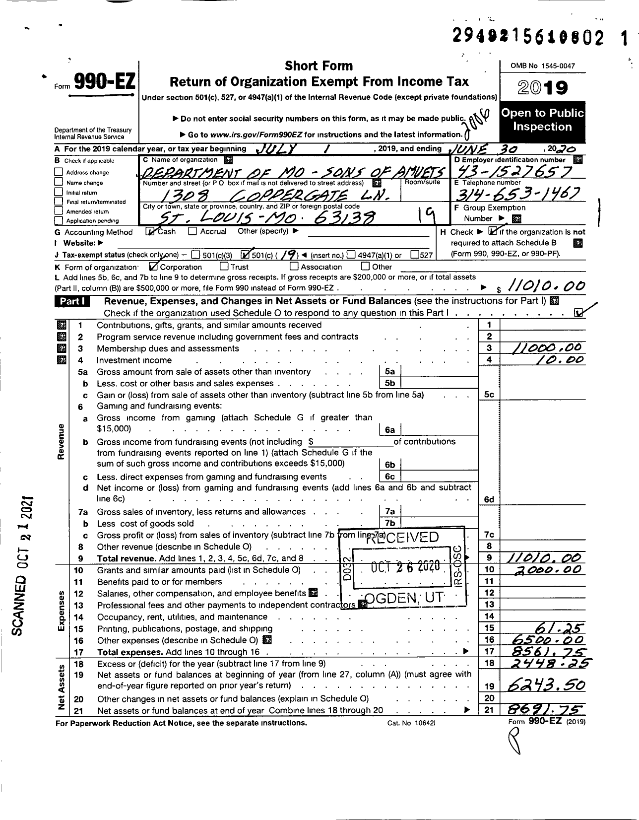 Image of first page of 2019 Form 990EO for Amvets - Department of Mo Sons of Amvets