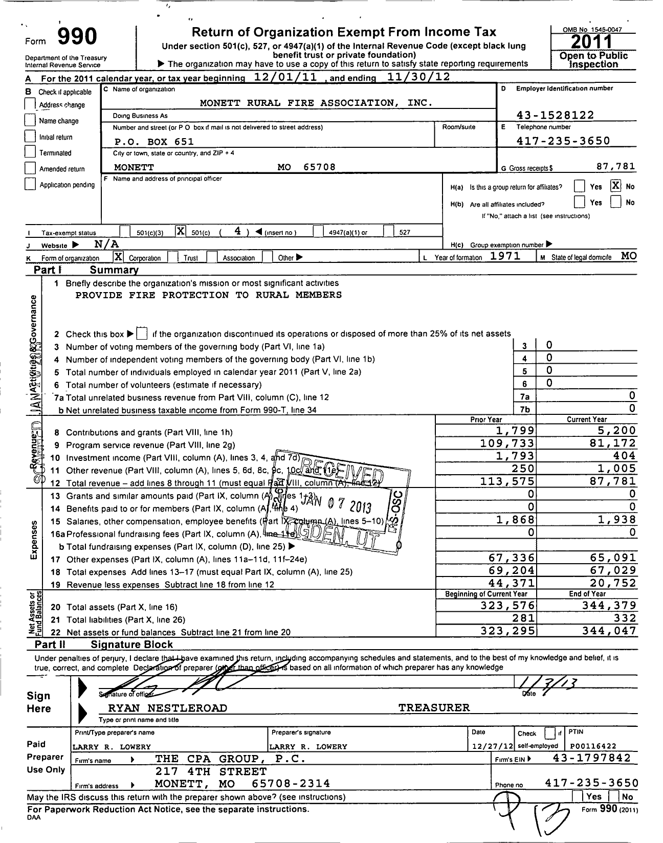 Image of first page of 2011 Form 990O for Monett Rural Fire Association