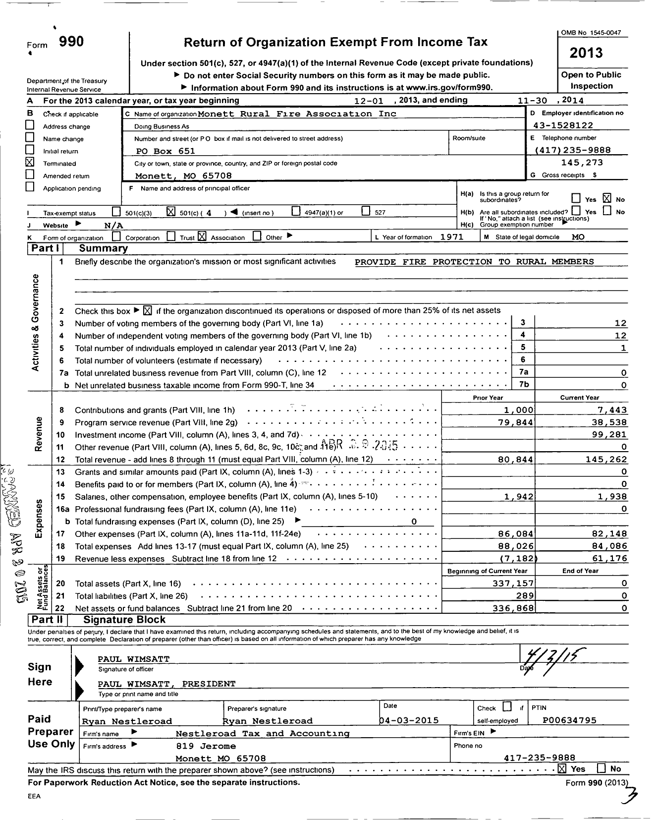 Image of first page of 2013 Form 990O for Monett Rural Fire Association