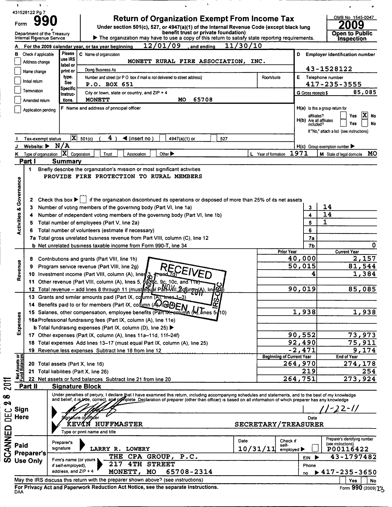 Image of first page of 2009 Form 990O for Monett Rural Fire Association