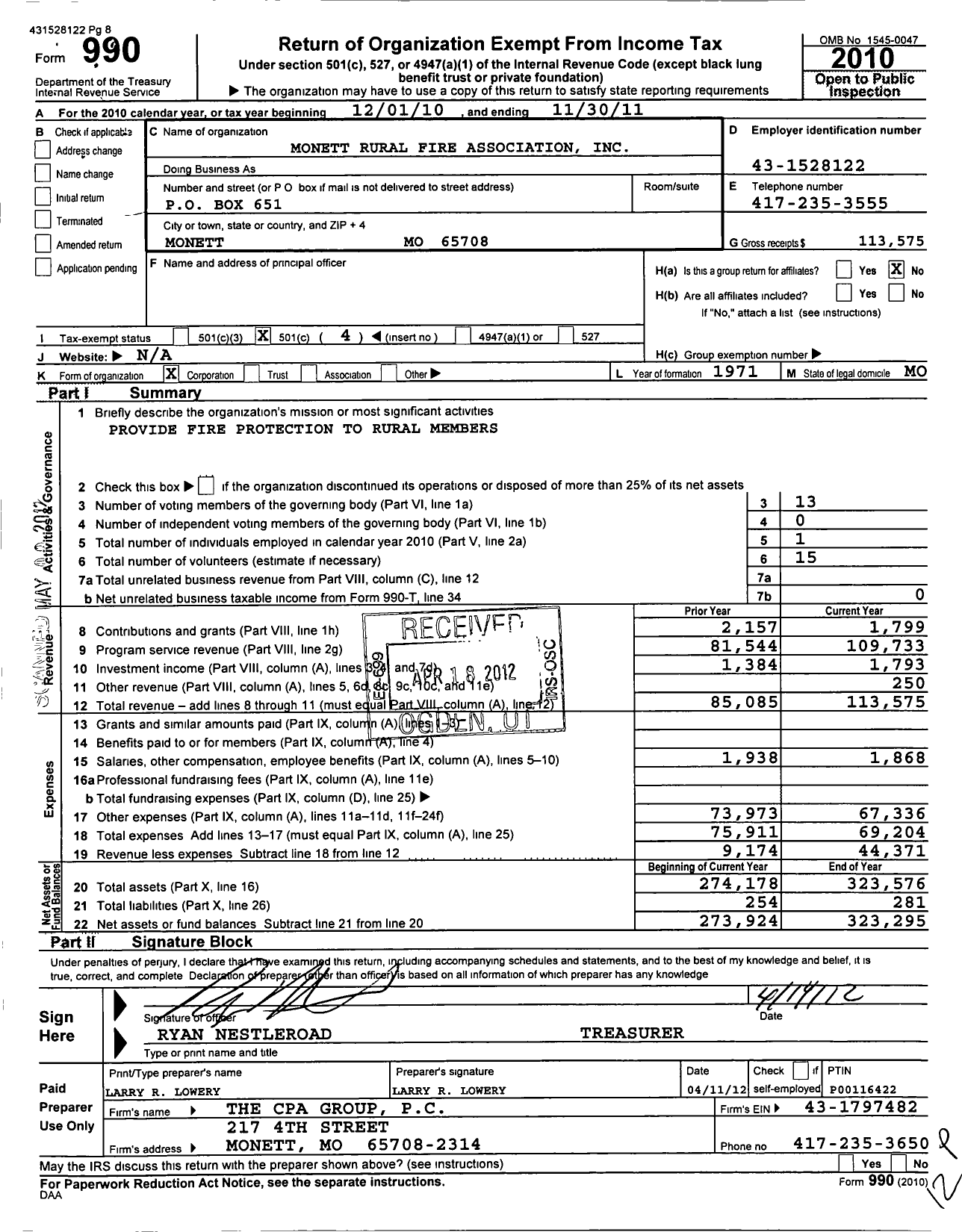 Image of first page of 2010 Form 990O for Monett Rural Fire Association