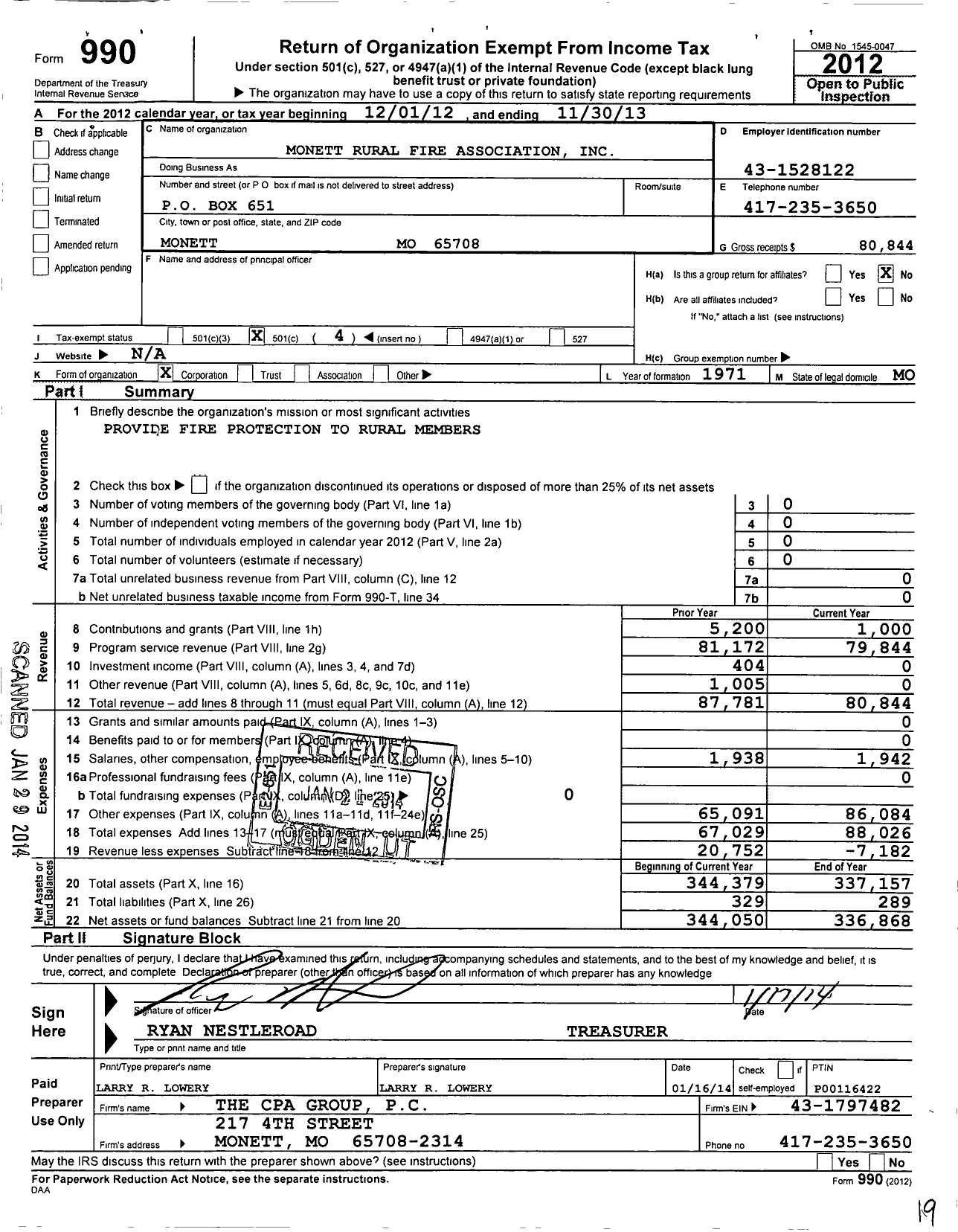 Image of first page of 2012 Form 990O for Monett Rural Fire Association