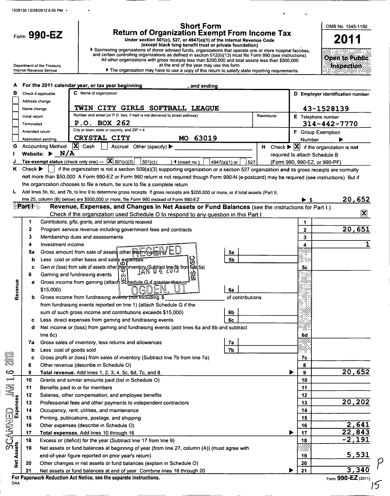 Image of first page of 2011 Form 990EZ for Twin City Girls Softball League