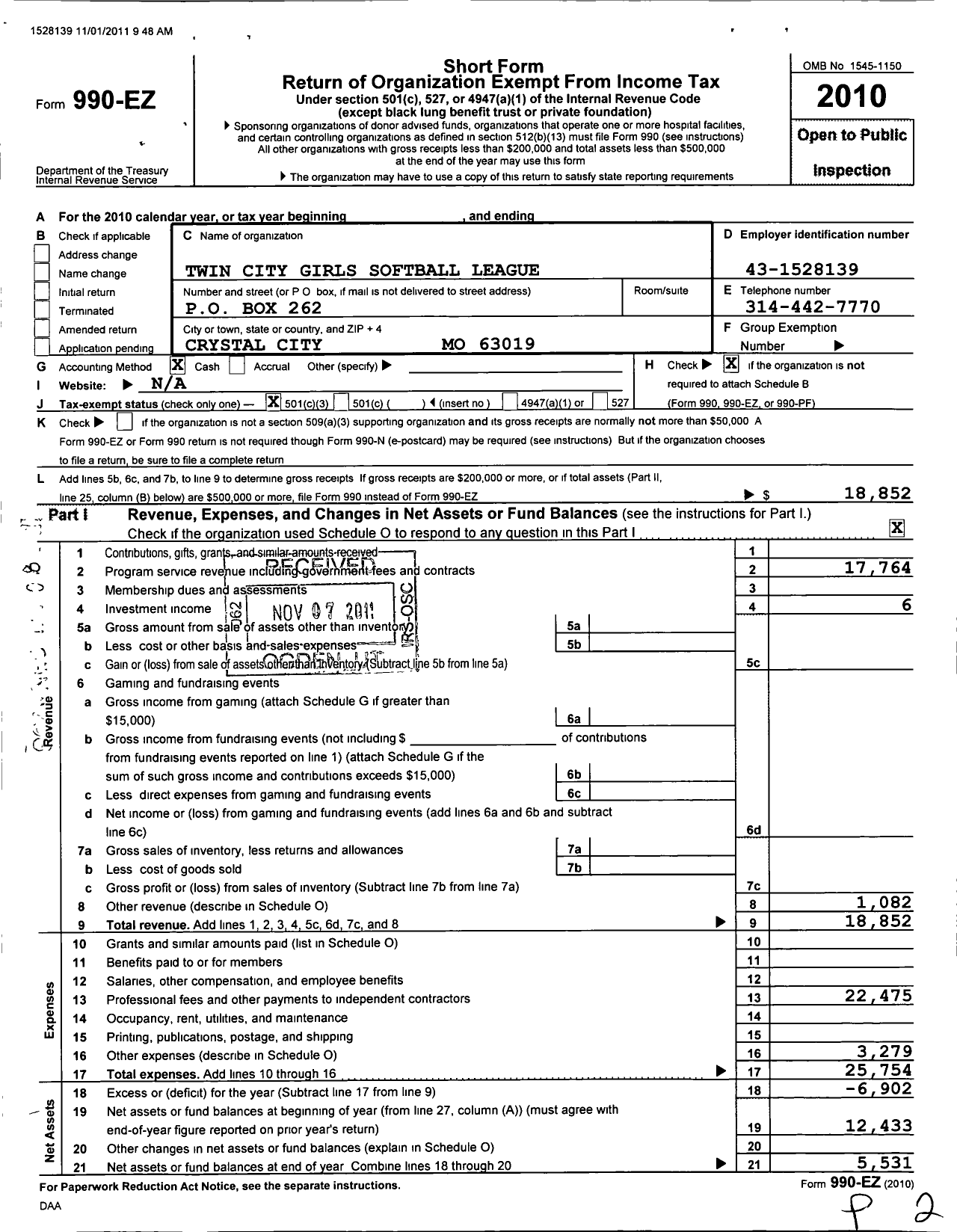 Image of first page of 2010 Form 990EZ for Twin City Girls Softball League