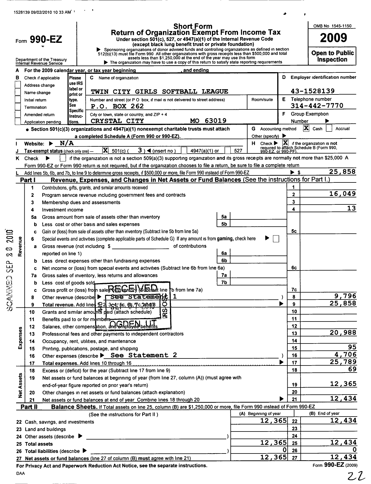 Image of first page of 2009 Form 990EZ for Twin City Girls Softball League