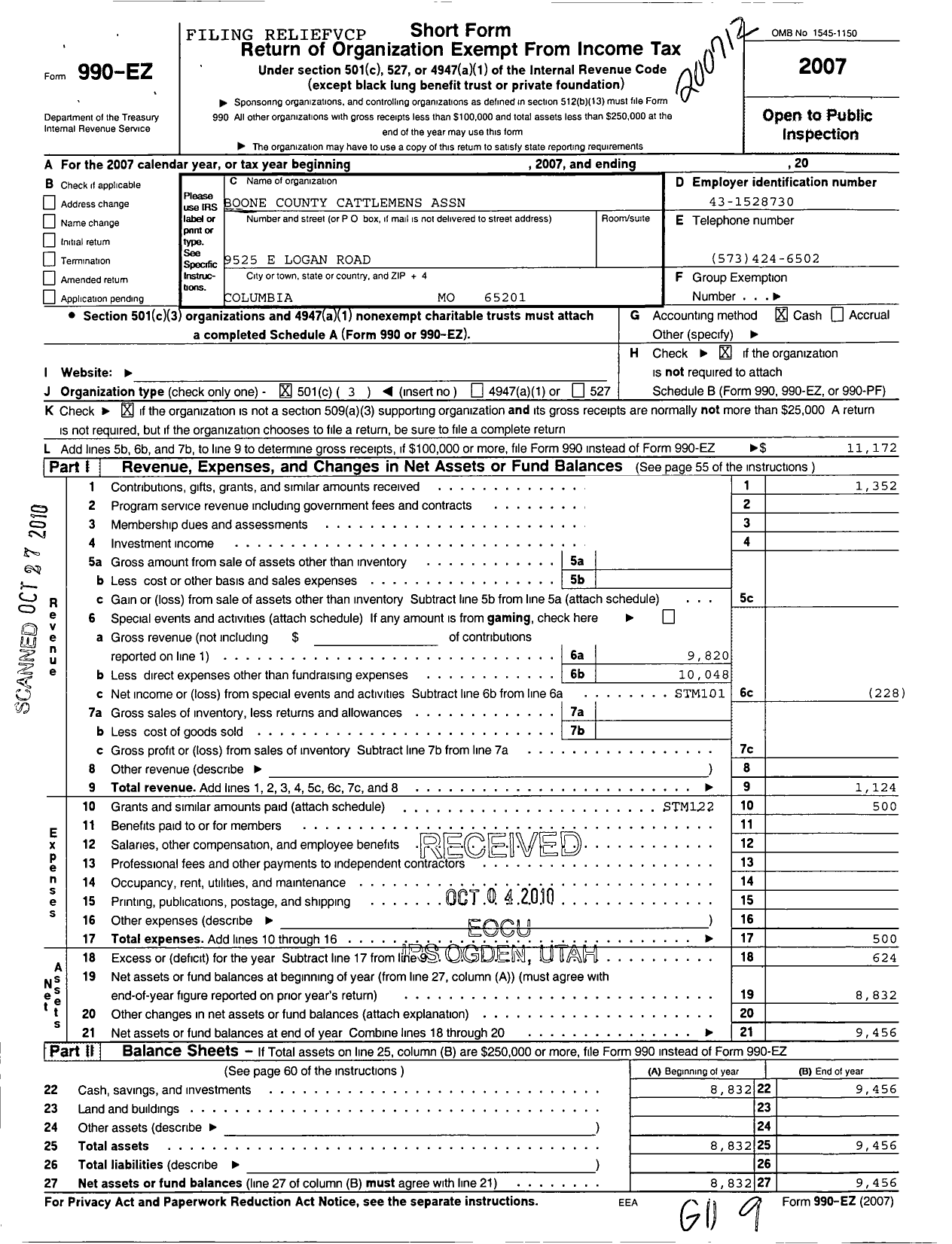 Image of first page of 2007 Form 990EZ for Boone County Cattlemens Association