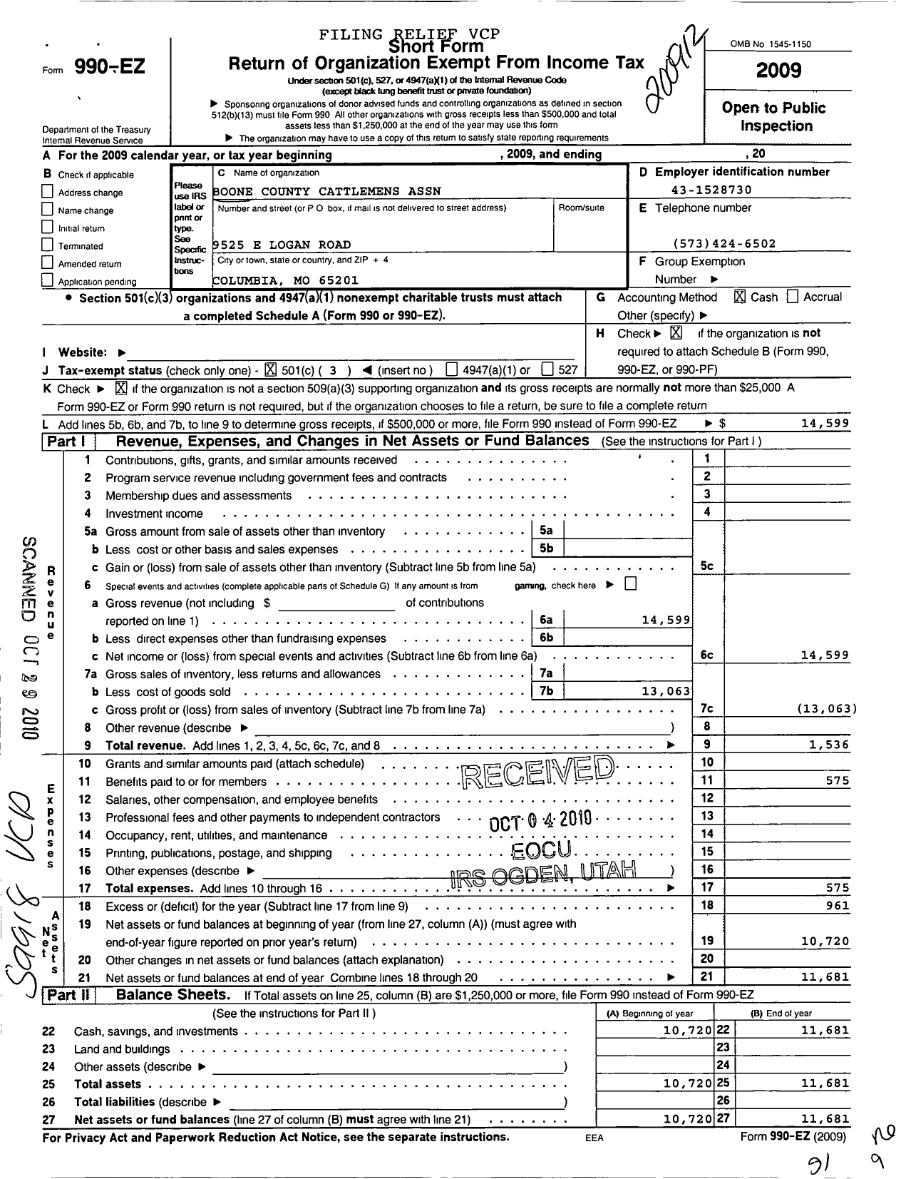 Image of first page of 2009 Form 990EZ for Boone County Cattlemens Association