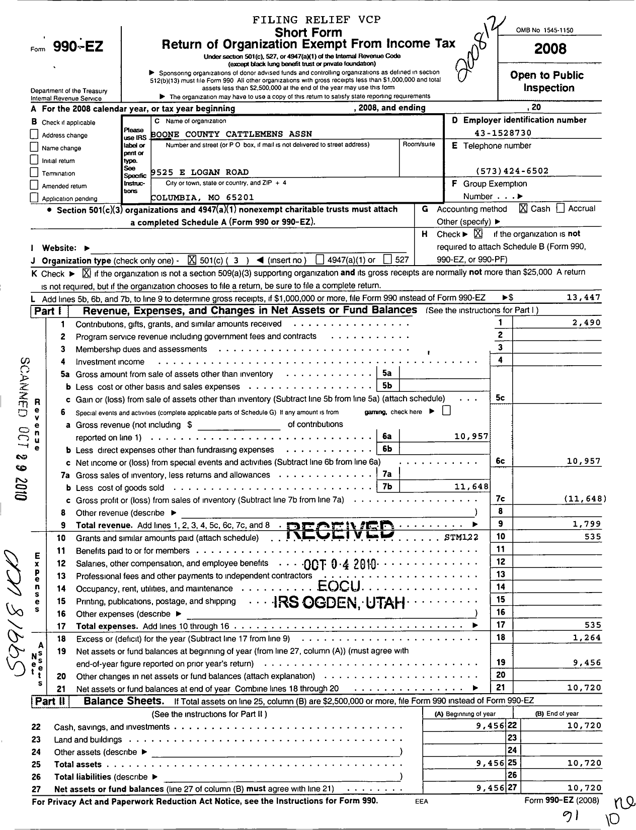 Image of first page of 2008 Form 990EZ for Boone County Cattlemens Association