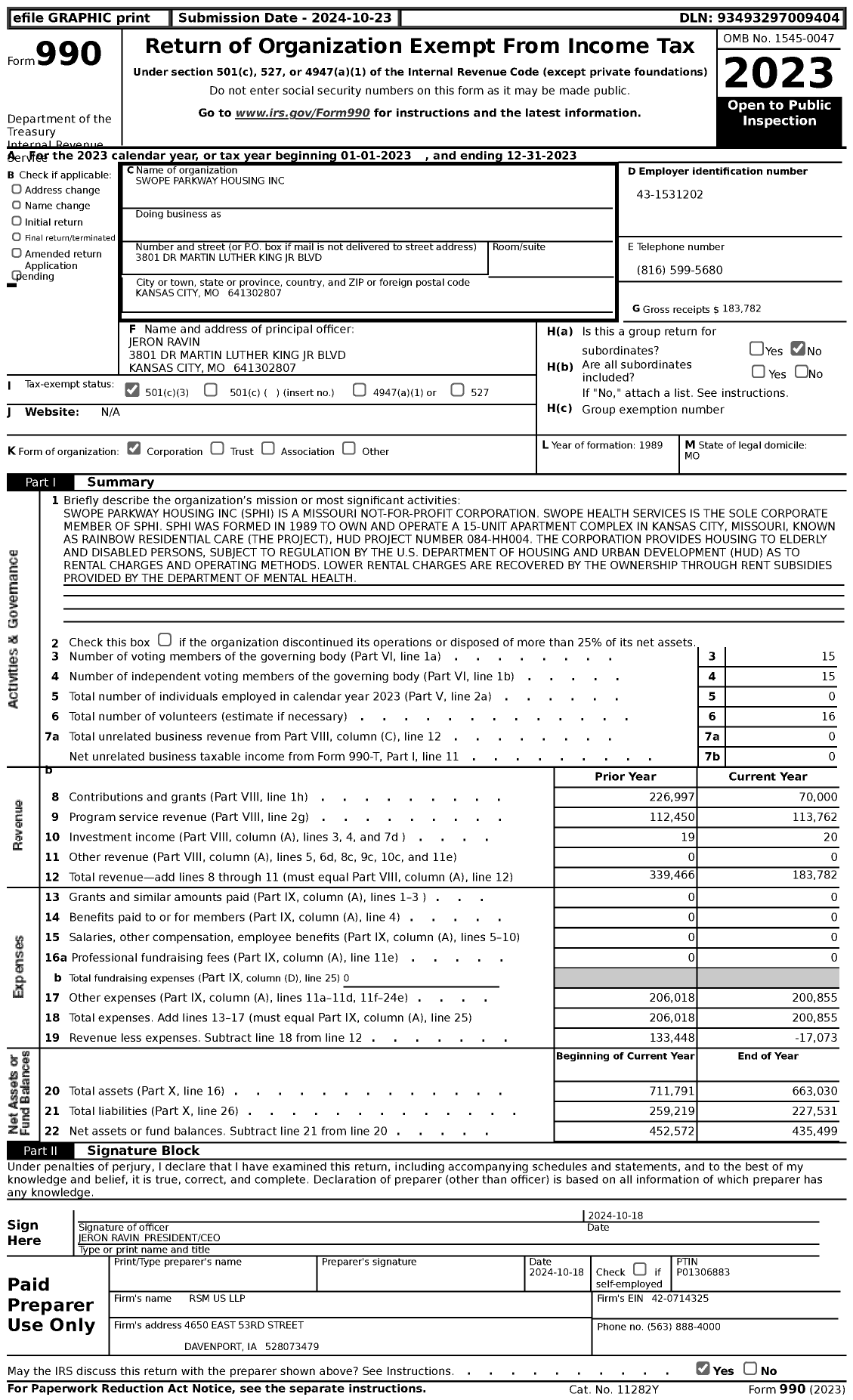 Image of first page of 2023 Form 990 for Swope Parkway Housing