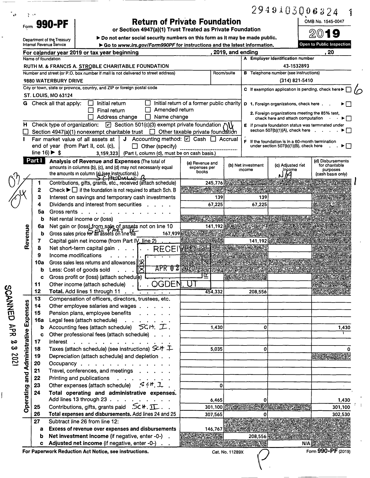 Image of first page of 2019 Form 990PF for Ruth M and Francis A Stroble Charitable Foundation