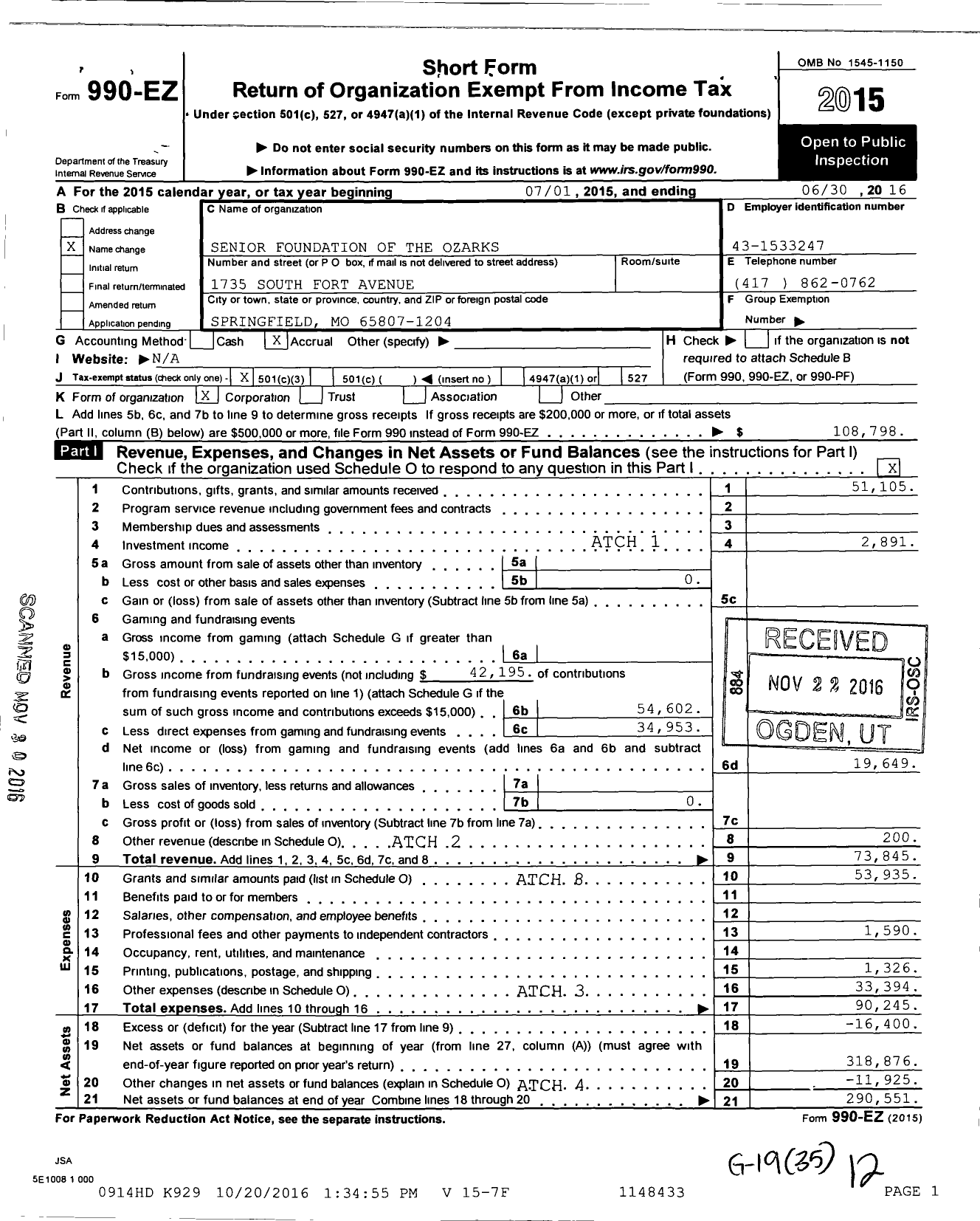 Image of first page of 2015 Form 990EZ for Senior Foundation of the Ozarks