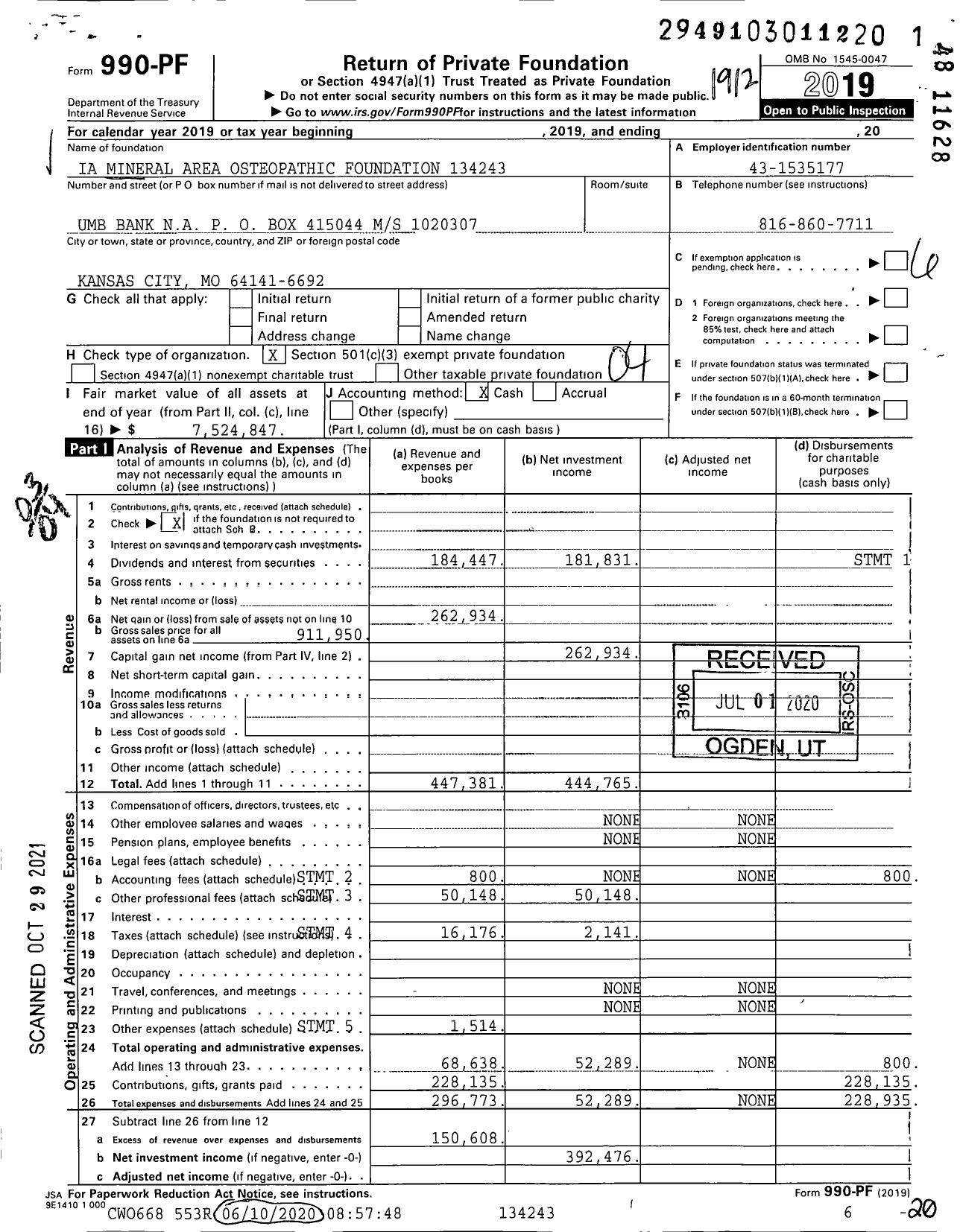 Image of first page of 2019 Form 990PF for Ia Mineral Area Osteopathic Foundation