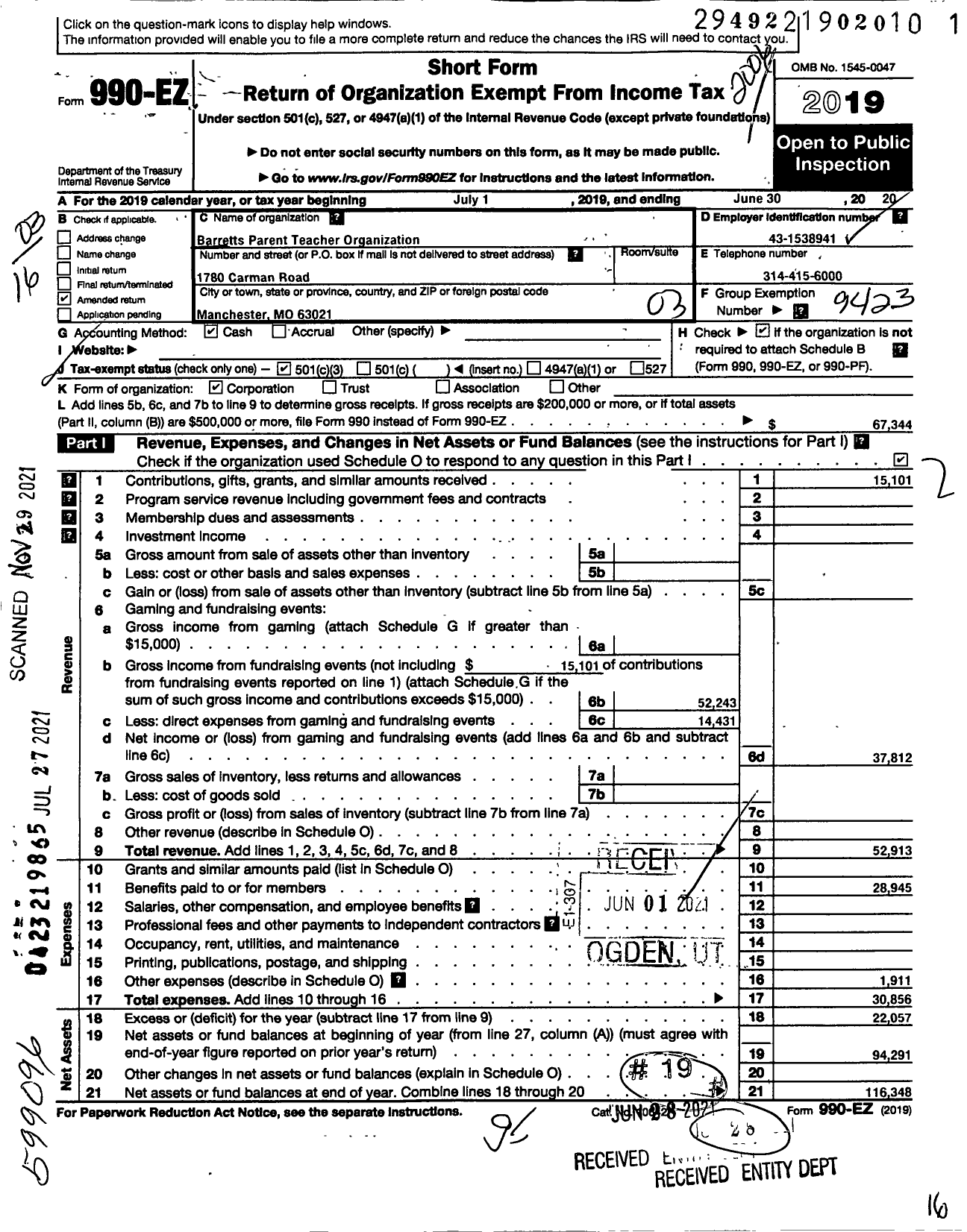 Image of first page of 2019 Form 990EZ for Barretts School Parent-Teacher Organization