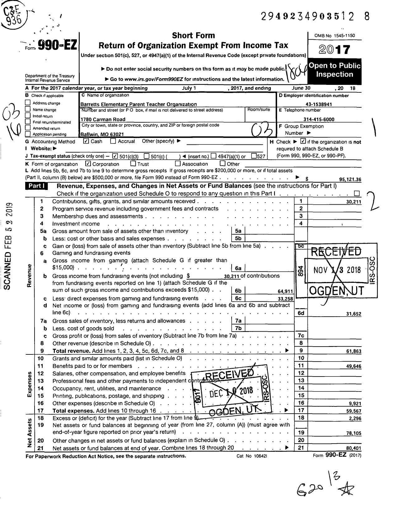 Image of first page of 2017 Form 990EZ for Barretts School Parent-Teacher Organization