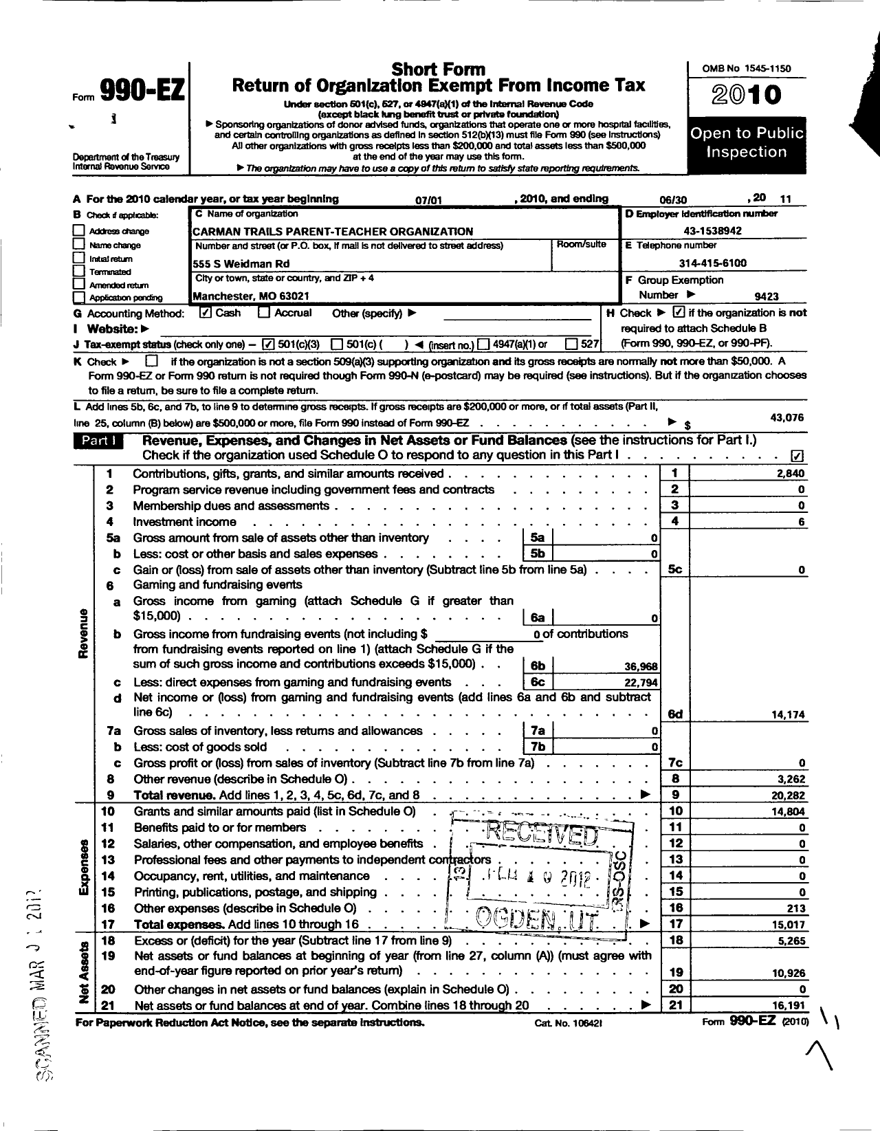 Image of first page of 2010 Form 990EZ for Carman Trails Parent-Teacher Organization