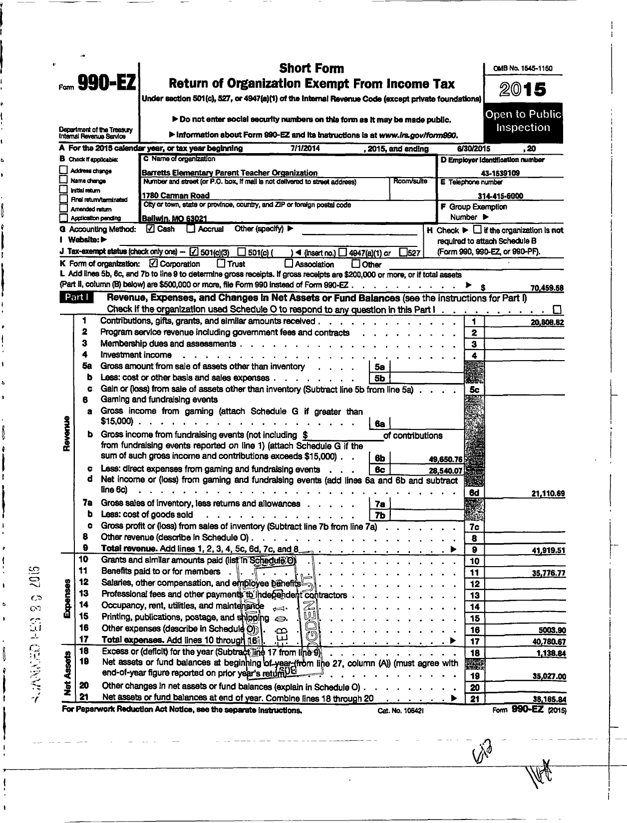 Image of first page of 2014 Form 990EZ for Parkway School District Parent Teacher Organization Council