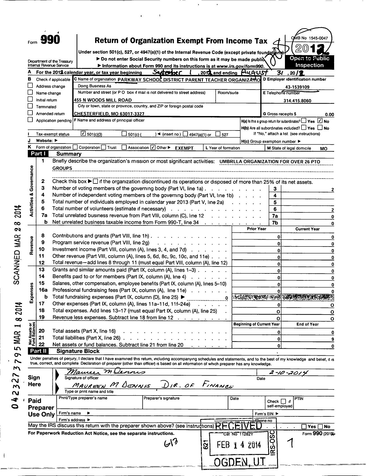 Image of first page of 2011 Form 990 for Parkway School District Parent Teacher Organization Council