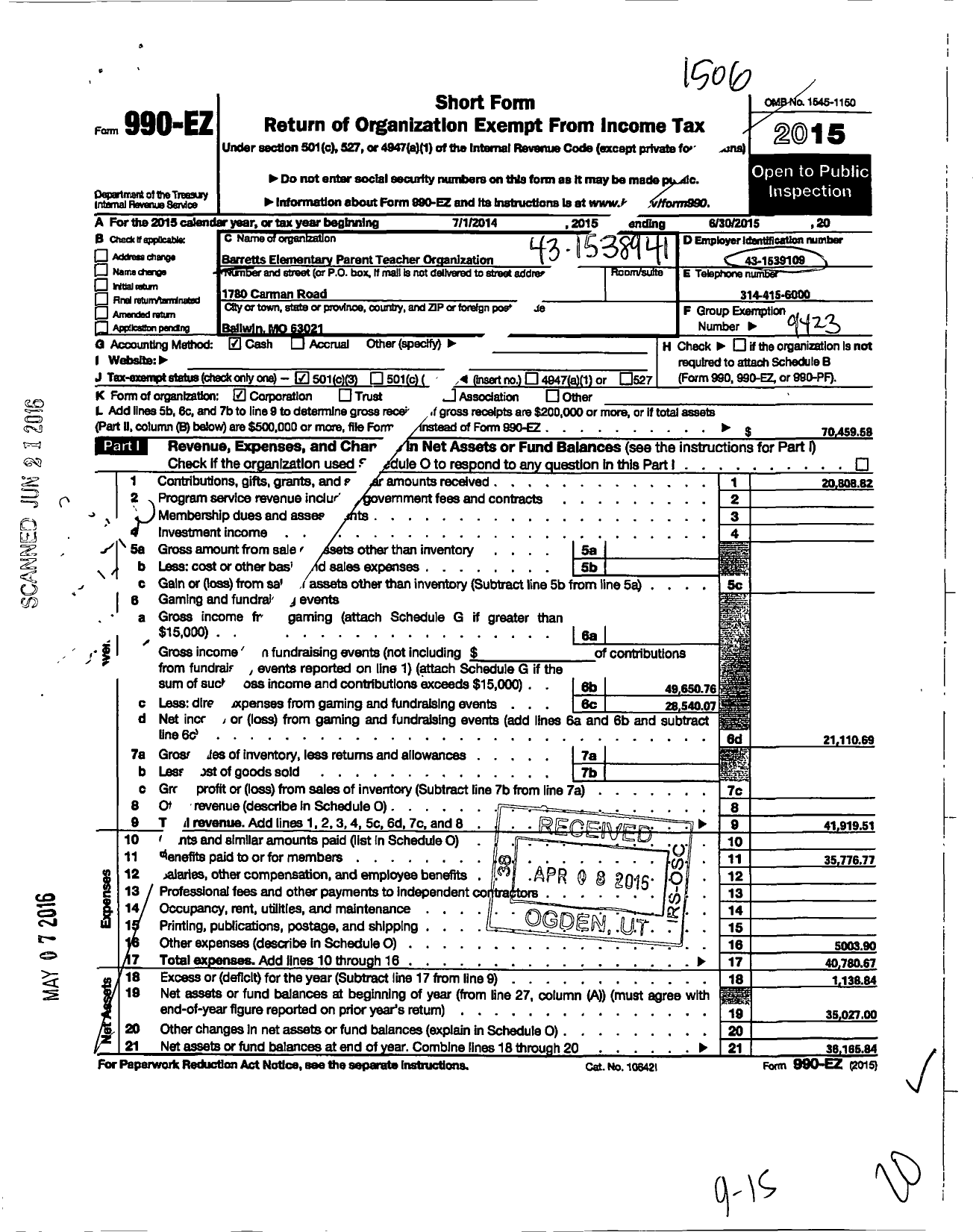 Image of first page of 2014 Form 990EZ for Parkway School District Parent Teacher Organization Council