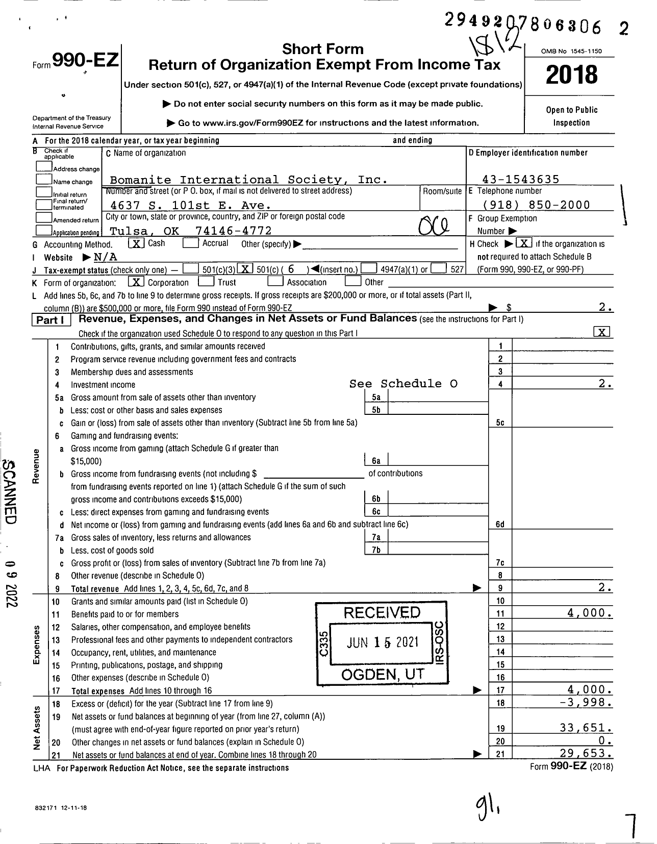 Image of first page of 2018 Form 990EO for Bomanite International Society