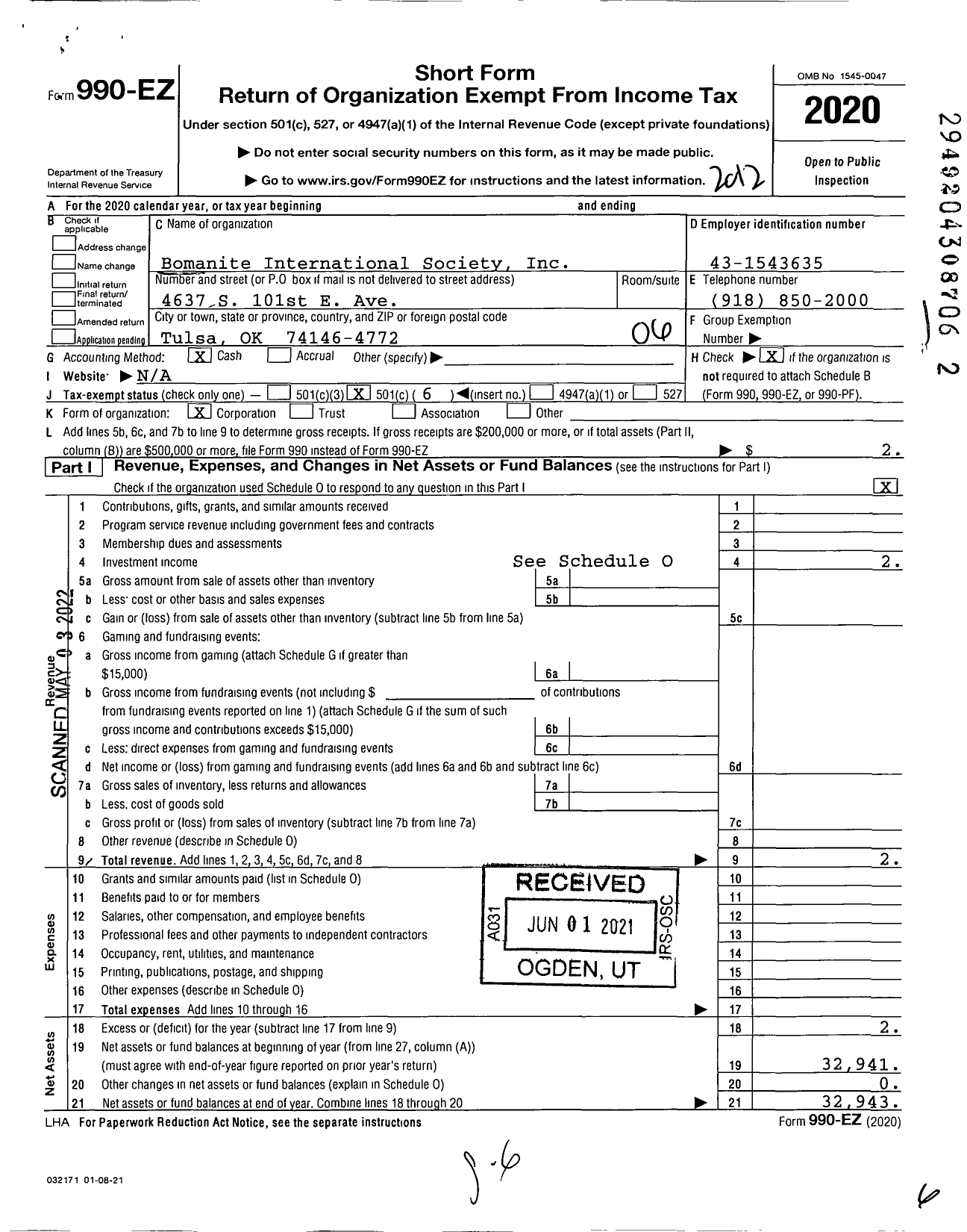 Image of first page of 2020 Form 990EO for Bomanite International Society