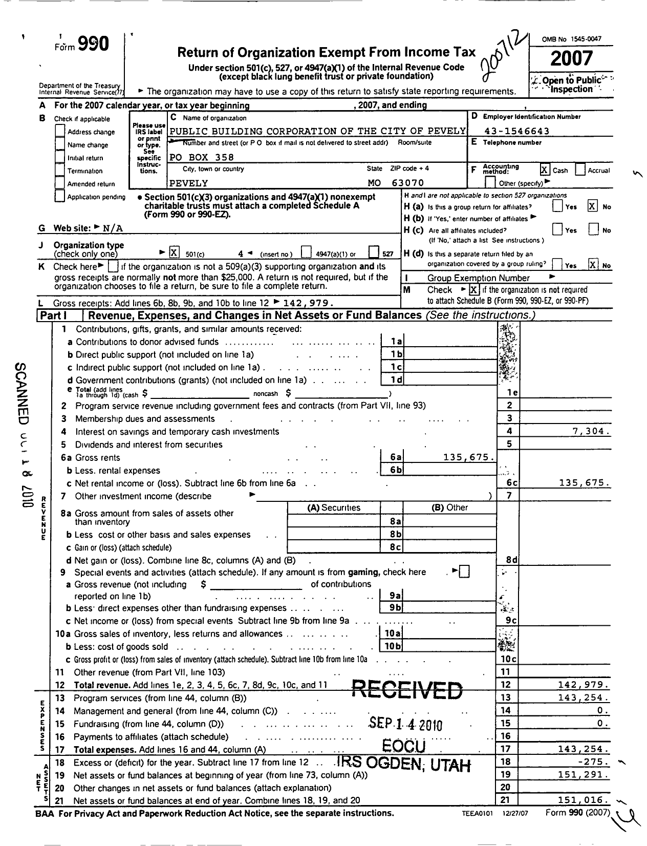 Image of first page of 2007 Form 990O for Public Building Corporation of the City of Pevely Mo