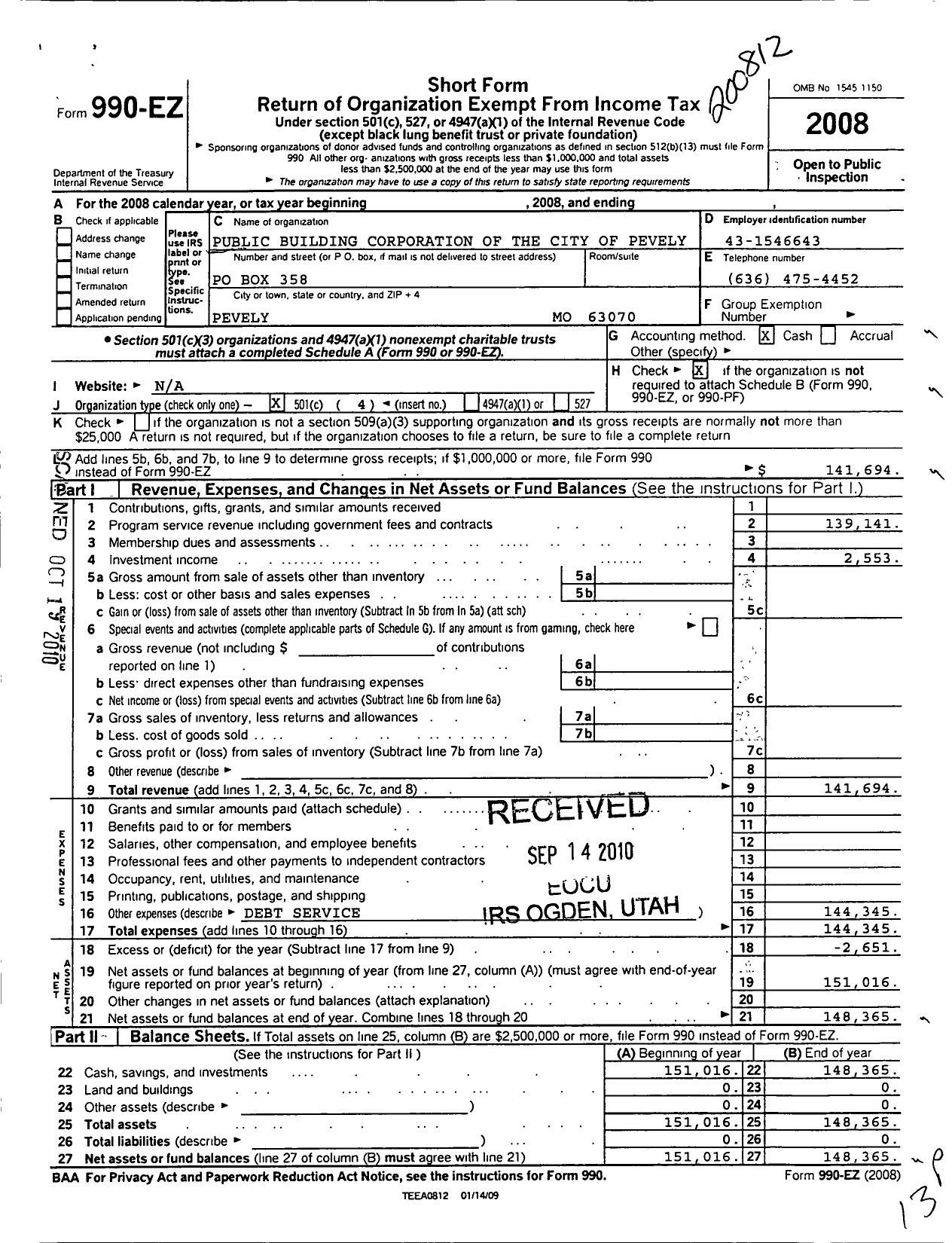 Image of first page of 2008 Form 990EO for Public Building Corporation of the City of Pevely Mo