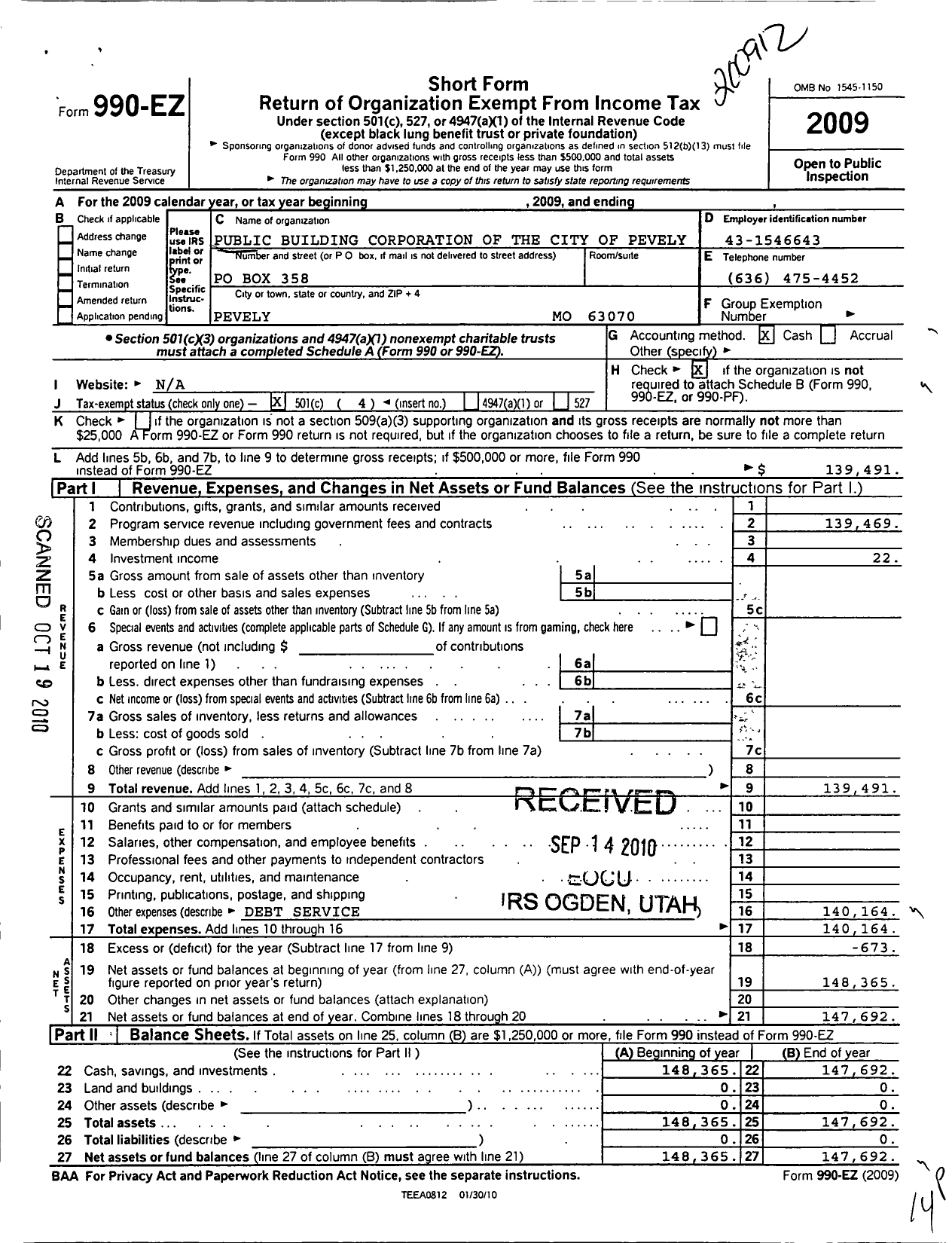 Image of first page of 2009 Form 990EO for Public Building Corporation of the City of Pevely Mo