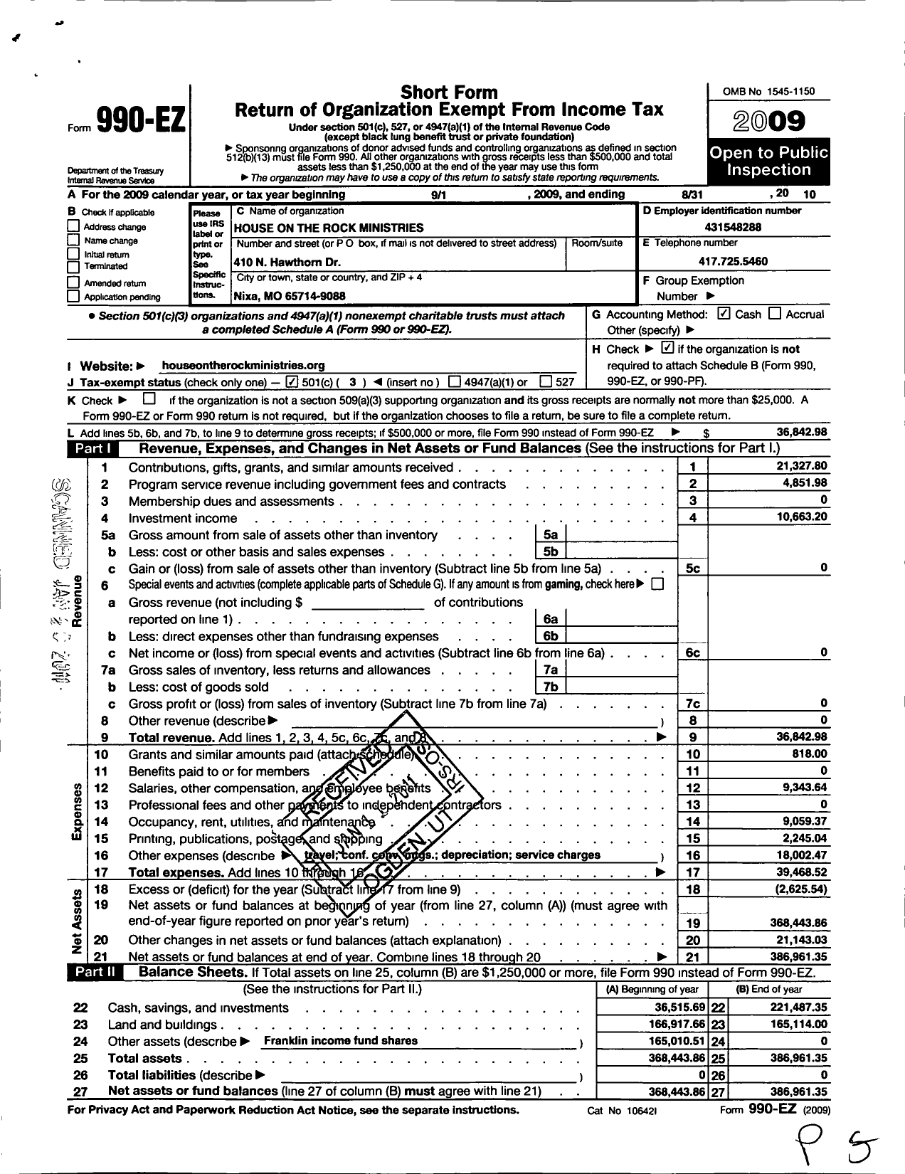 Image of first page of 2009 Form 990EZ for House on the Rock Ministries / C-O John H Kiehl JR