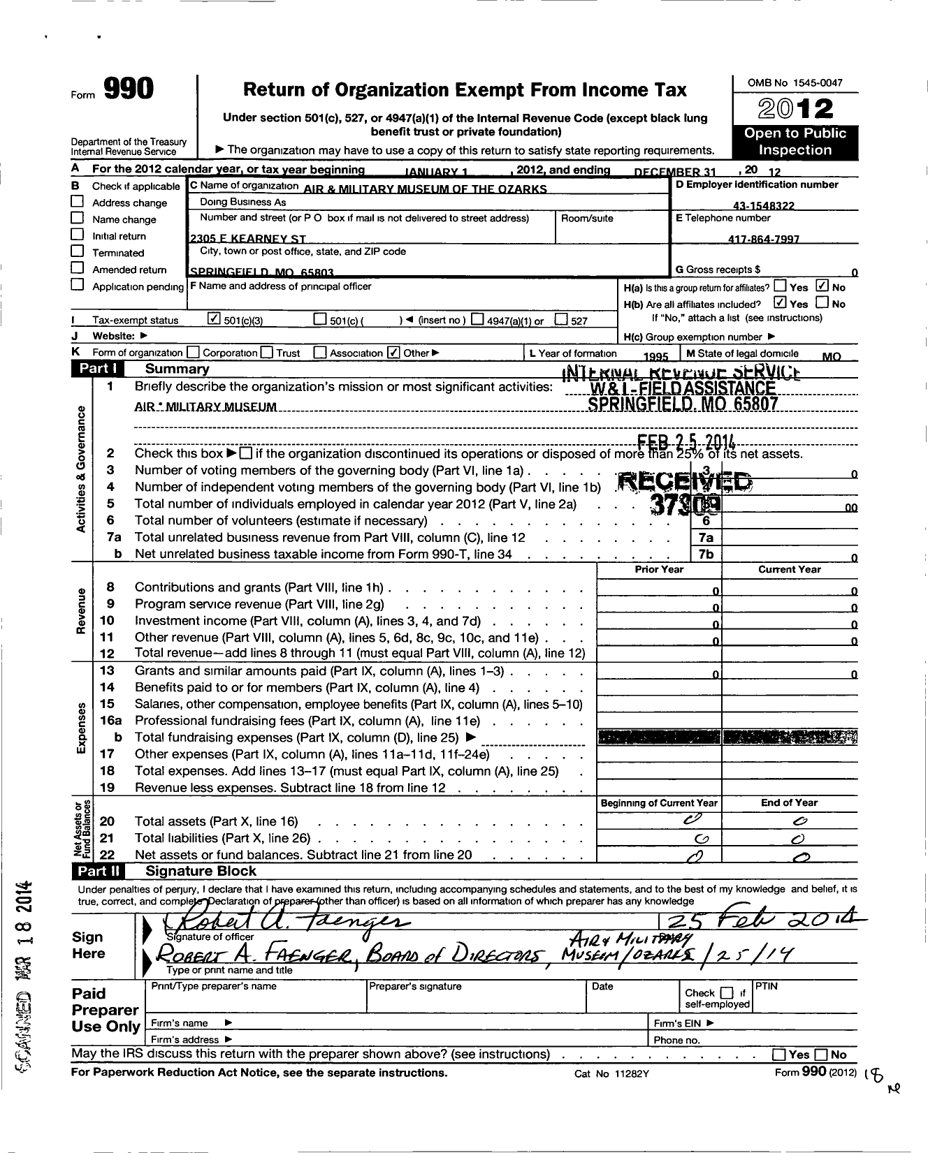 Image of first page of 2012 Form 990 for Air and Military Museum of the Ozarks