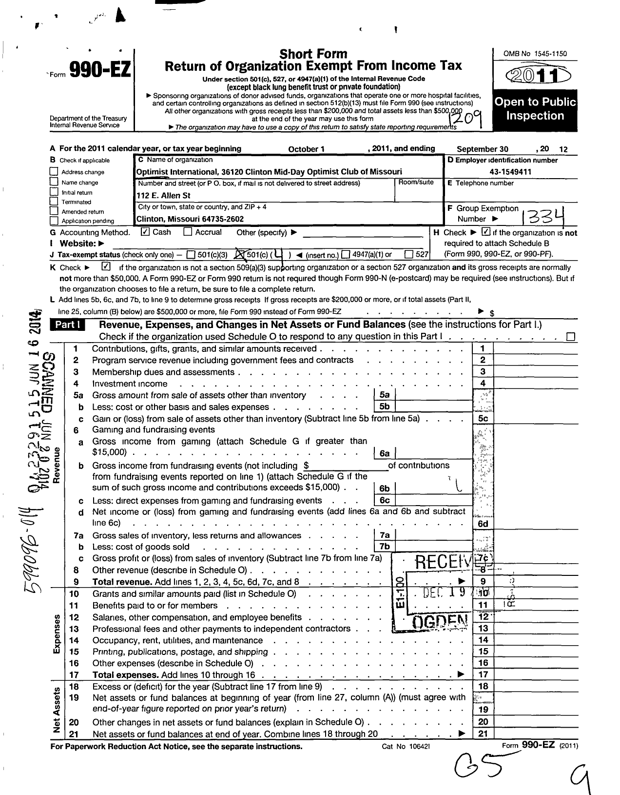 Image of first page of 2011 Form 990EO for Optimist International - 36120 Clinton Mid-Day Oc of Mo