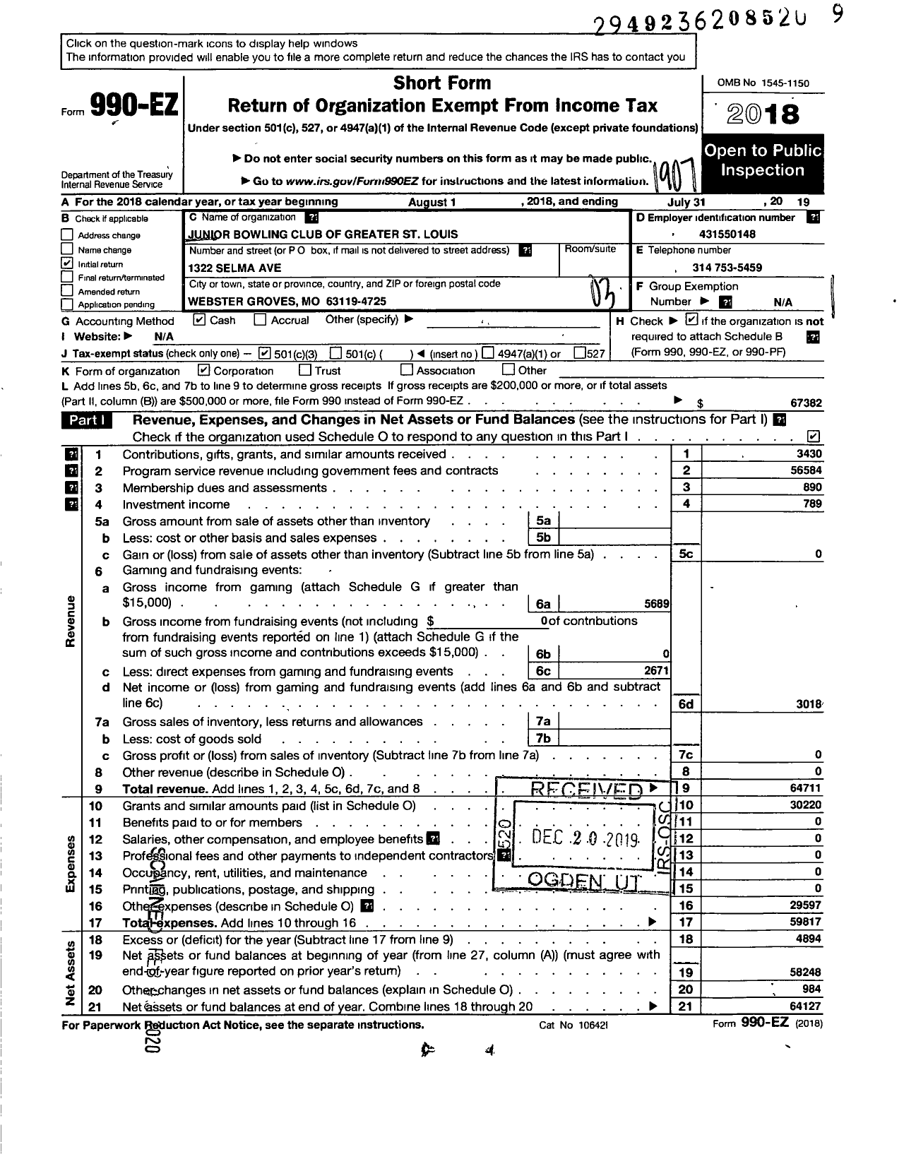 Image of first page of 2018 Form 990EZ for Junior Bowling Club of Greater St Louis