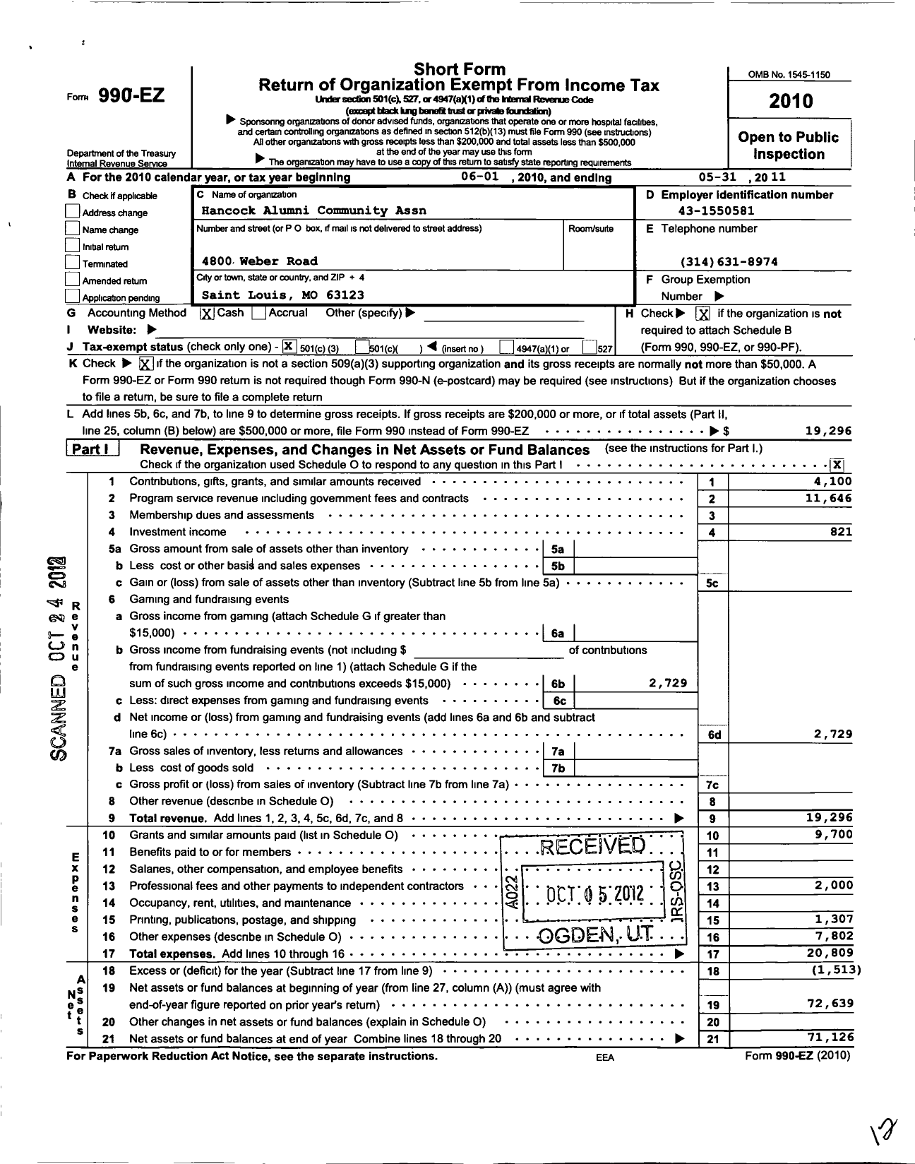 Image of first page of 2010 Form 990EZ for Hancock Alumni Community Assn