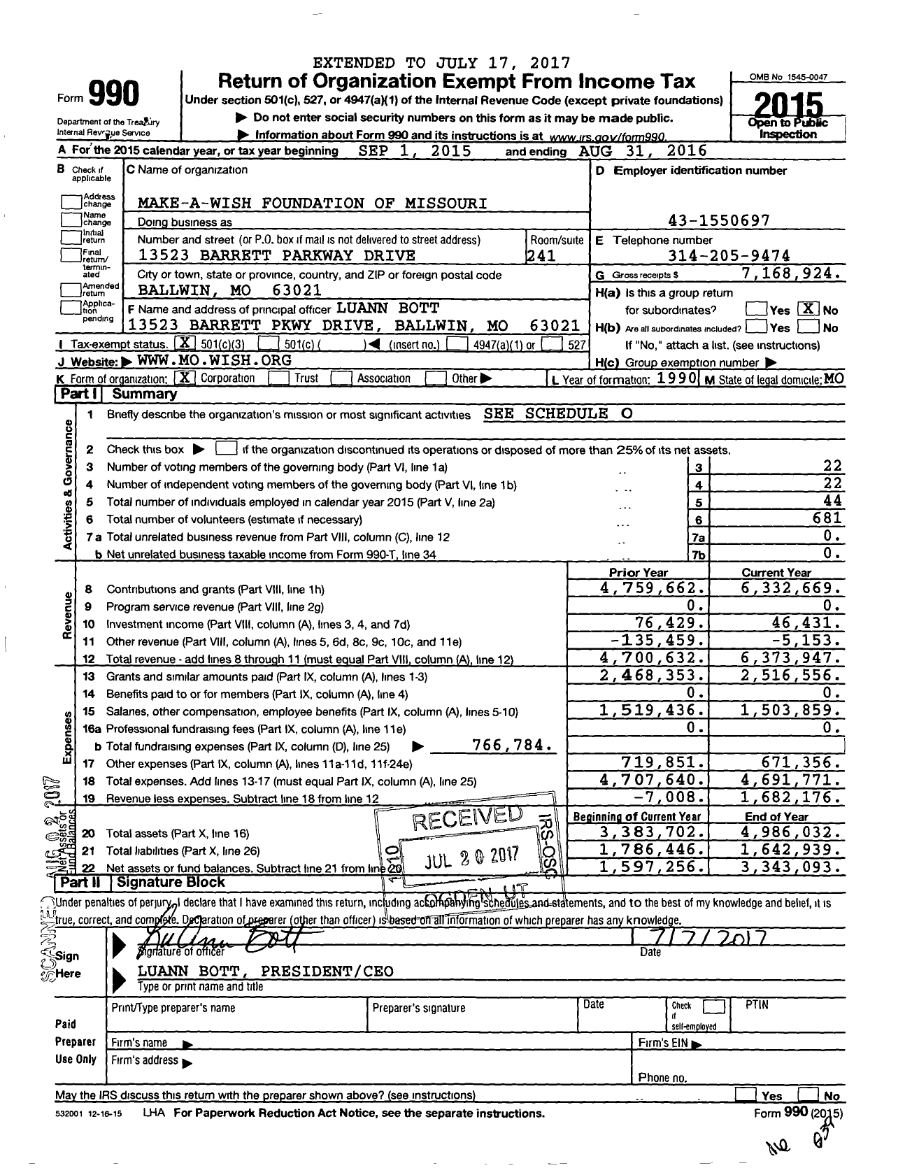 Image of first page of 2015 Form 990 for Make-A-Wish Foundation of Missouri and Kansas