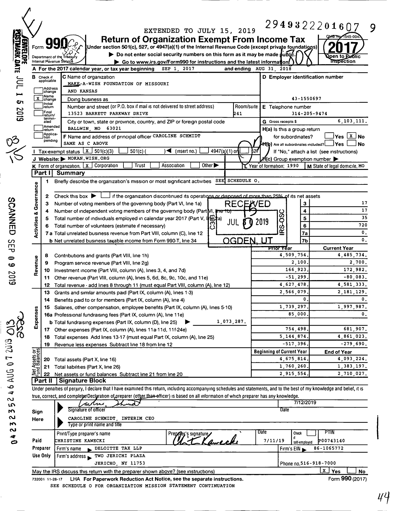 Image of first page of 2017 Form 990 for Make-A-Wish Foundation of Missouri and Kansas