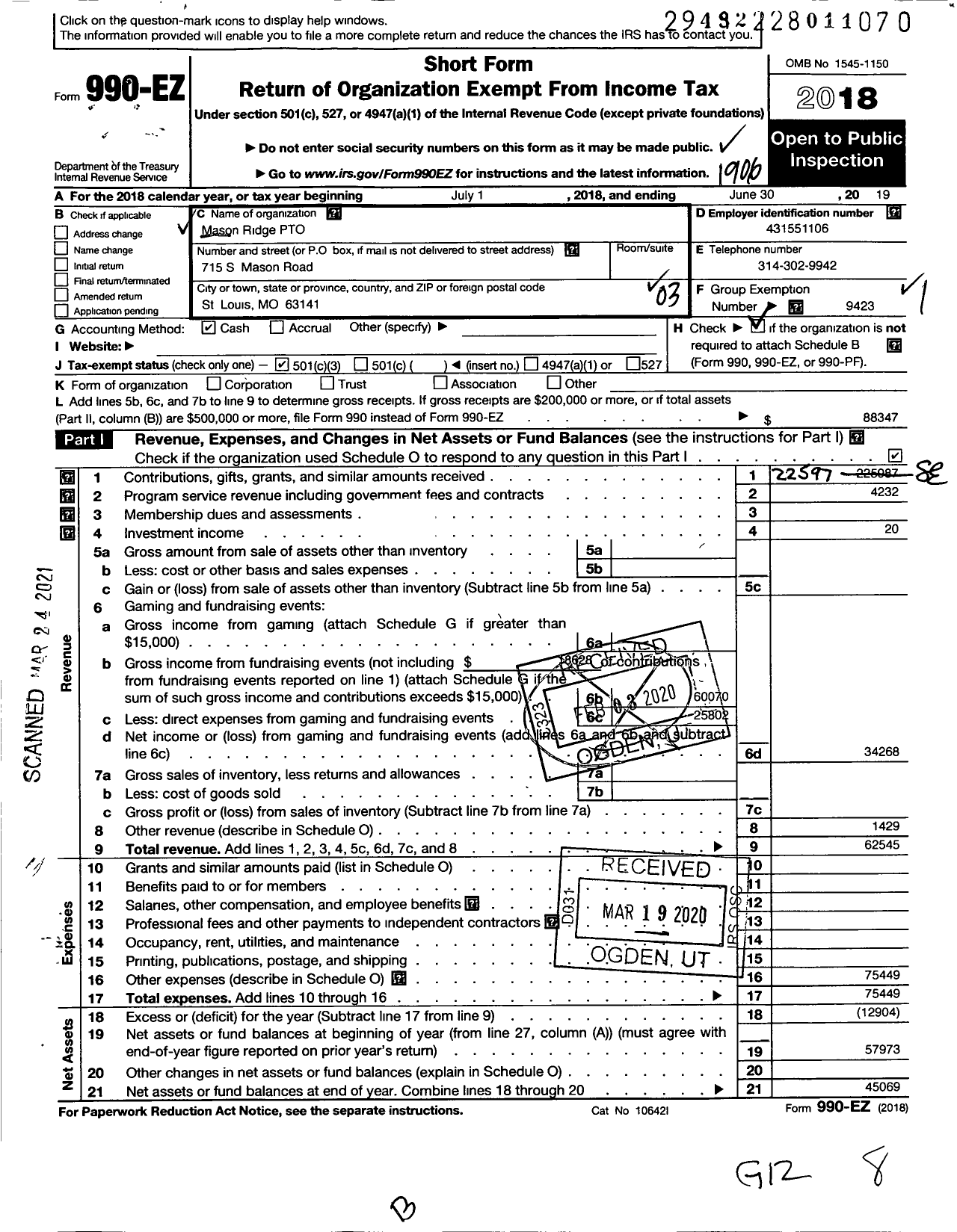 Image of first page of 2018 Form 990EZ for Mason Ridge PTO