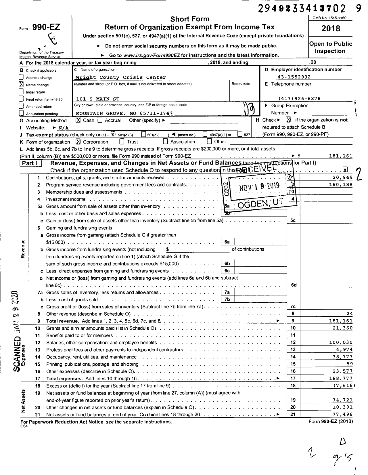 Image of first page of 2018 Form 990EZ for Wright County Crisis Center