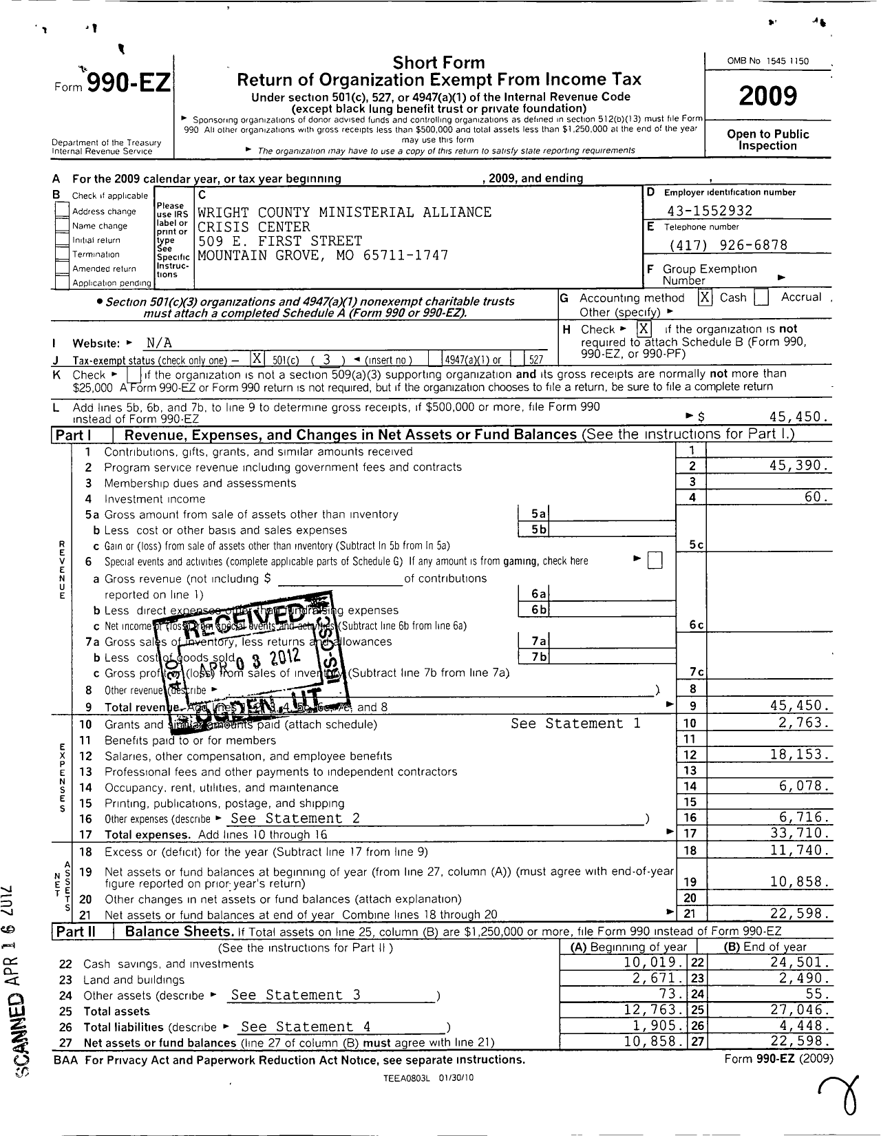 Image of first page of 2009 Form 990EZ for Wright County Crisis Center