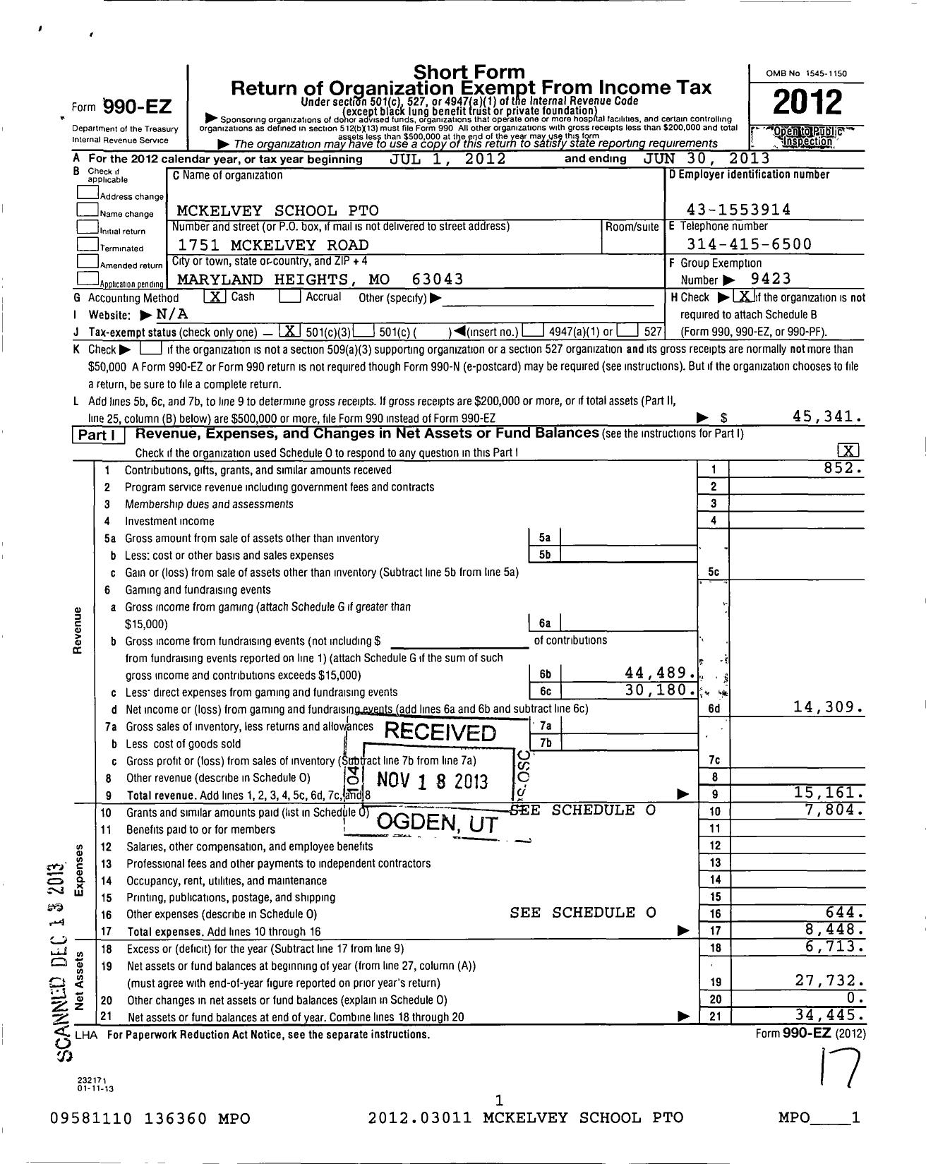 Image of first page of 2012 Form 990EZ for Mckelvey School Pto