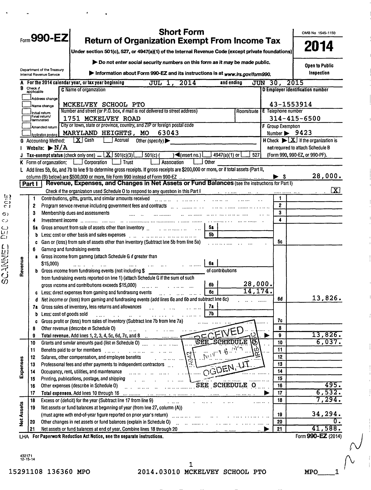 Image of first page of 2014 Form 990EZ for Mckelvey School Pto