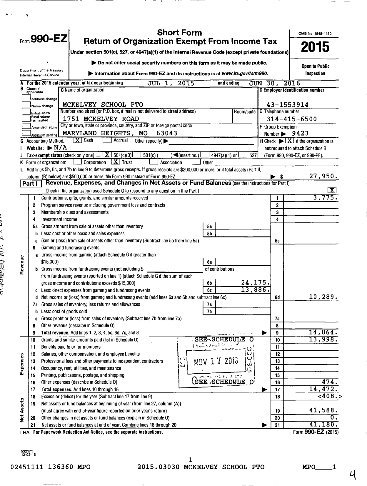 Image of first page of 2015 Form 990EZ for Mckelvey School Pto