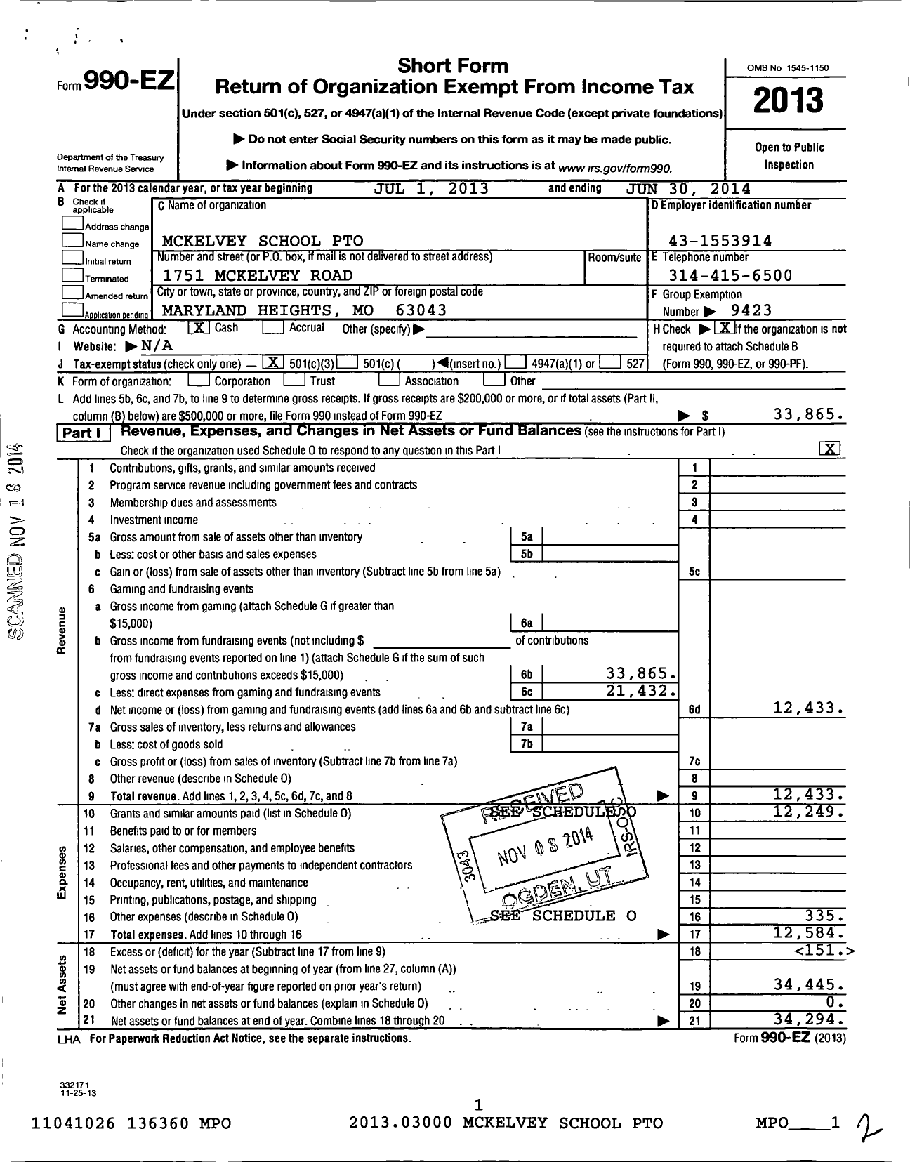 Image of first page of 2013 Form 990EZ for Mckelvey School Pto