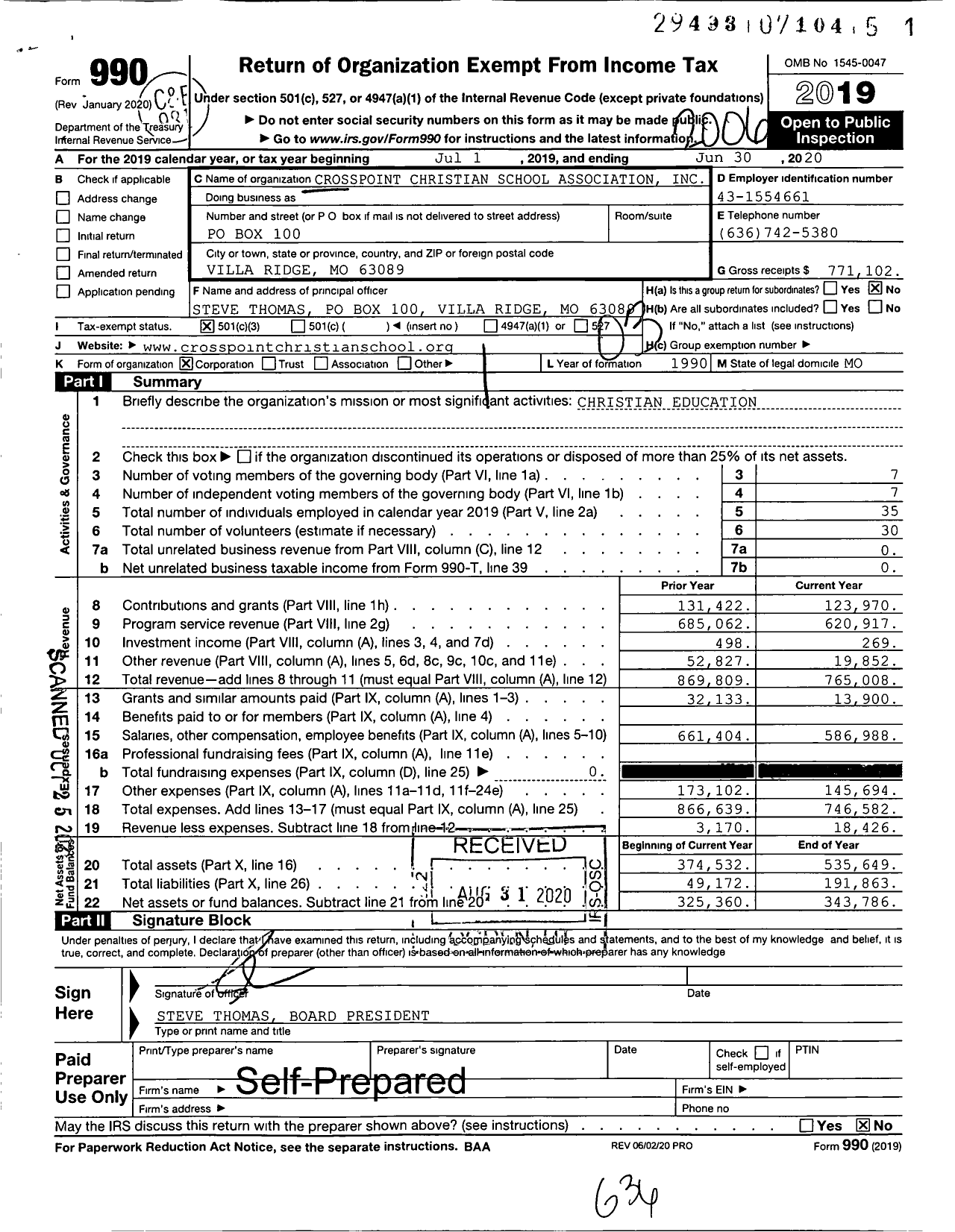 Image of first page of 2019 Form 990 for Crosspoint Christian School Association